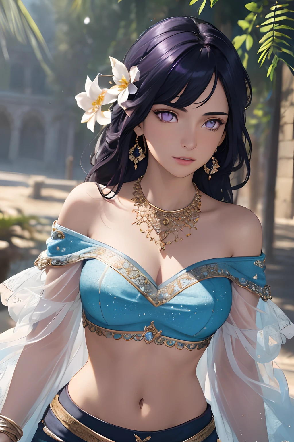 jasmine  1girl, solo,navel, holding, bare shoulders, jewelry, flower, earrings, midriff, pants, necklace, off shoulder, bracelet, see-through, white flower, gem, off-shoulder shirt, holding flower, multi-tied hair, arabian clothes (realistic:1.2), (realism), (masterpiece:1.2), (best quality), (ultra detailed), (8k, 4k, intricate),(full-body-shot:1), (85mm),light particles, lighting, (highly detailed:1.2),(detailed face:1.2), (gradients), sfw, colorful,(detailed eyes:1.2)(detailed background),detailed landscape, (dynamic angle:1.2), (dynamic pose:1.2), (rule of third_composition:1.3), (Line of action:1.2), purple eyes, Blunt Bangs,dark blue hair