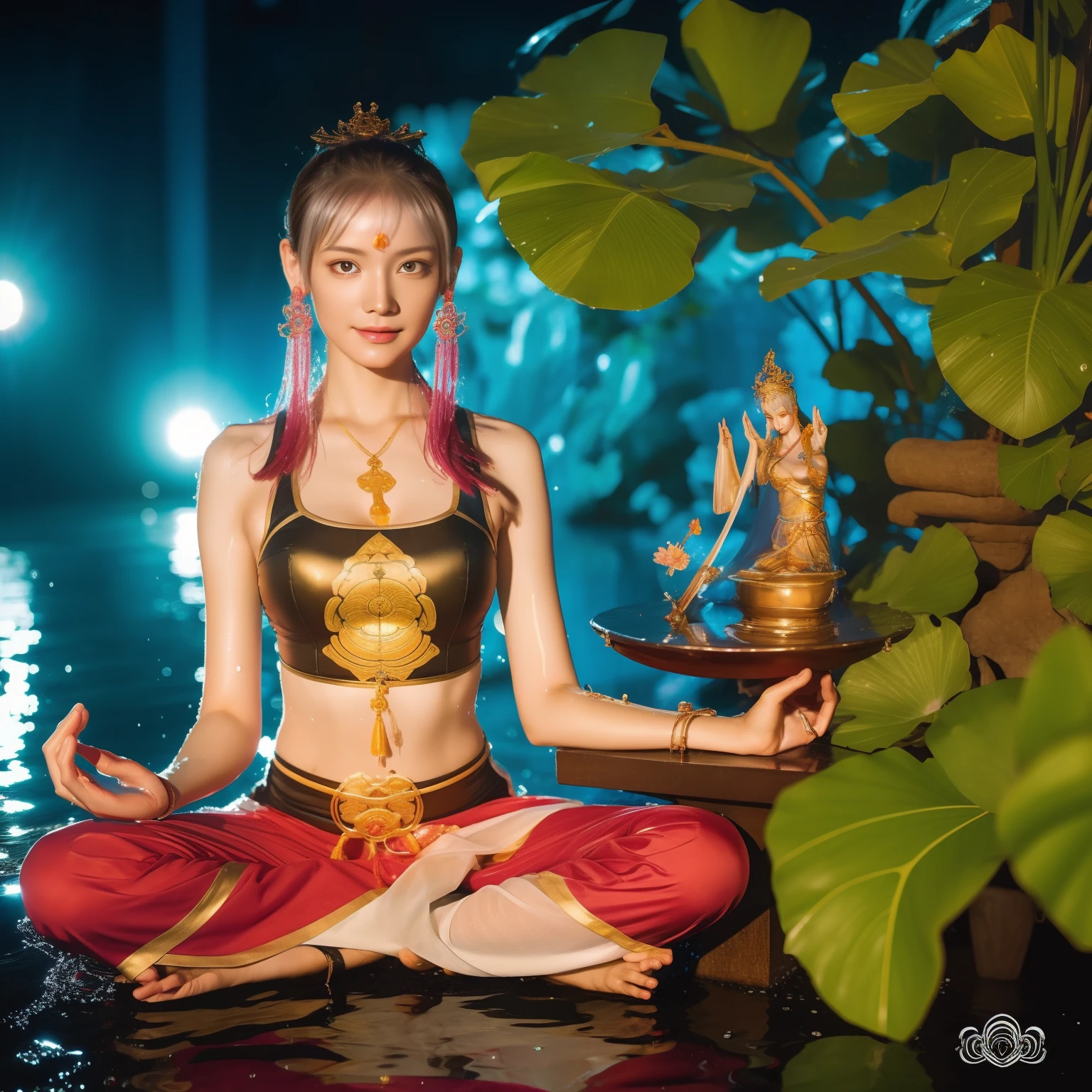 The beautiful goddess sits on a large lotus flower,Gentle expression, old,(((body high:1.5))),((middlebreast:1)),(Abs:0.7),(glute:1.2),(healthy-looking skin, Thin skin, seductiveexpression, 二重まぶた,Jelly textured lips, Glowing lips,Small upturned lips,Shiny skin,(((Flawless skin texture))),Real pores,ctextured skin,choker necklace,Yingluo,(Dynamic hair,Hair hanging down the shoulders,Beaded hairpins,Fancy crown,Nobile,Yingluo,choker necklace),Glossy glossy skin,Glowing skin,Radiant hair,eyes looking at the lens,There was a round light behind him,Light,Blue sky less white clouds,
High quality detailing, Cinematic lighting,absurderes, unbelievable Ridiculous, hugefilesize, ultra - detailed, A high resolution, The is very detailed,best qualtiy,tmasterpiece,illustratio,The is very detailed,CG,unified,8k 壁纸,Amazing Cleavage,finely detailled,tmasterpiece,(((dynamicposes))), ((Correct anatomy)),(((Correct dissection))
