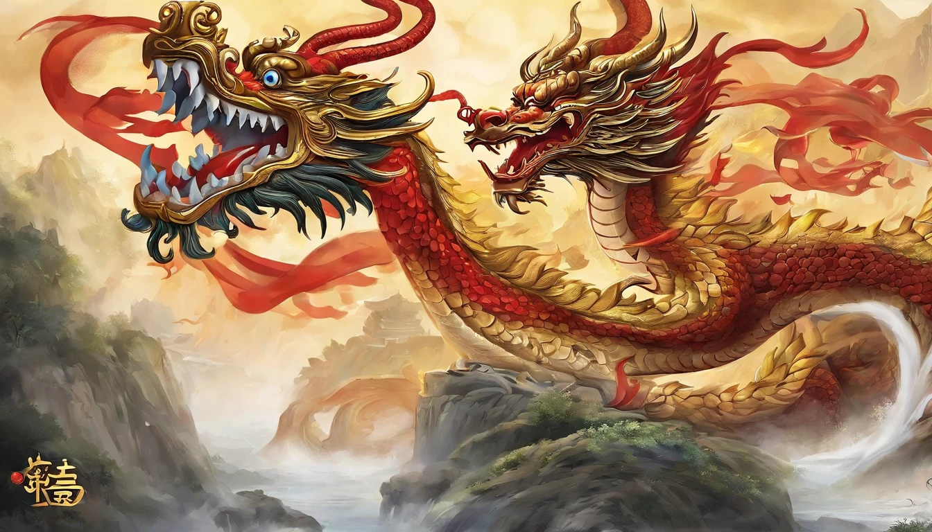 Chinese style golden dragon,Dragon and Dragon Chain,golden chain,A group of flying dragons,background chinese style,Mountains and rivers,dragon huge,background flag waving