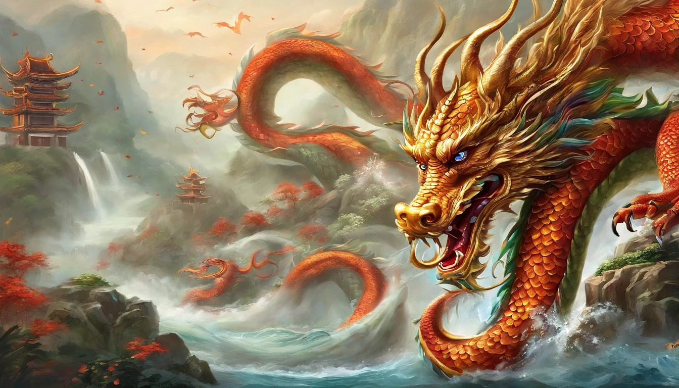 Chinese style golden dragon,Dragon and Dragon Chain,golden chain,A group of flying dragons,background chinese style,Mountains and rivers,dragon huge,background flag waving