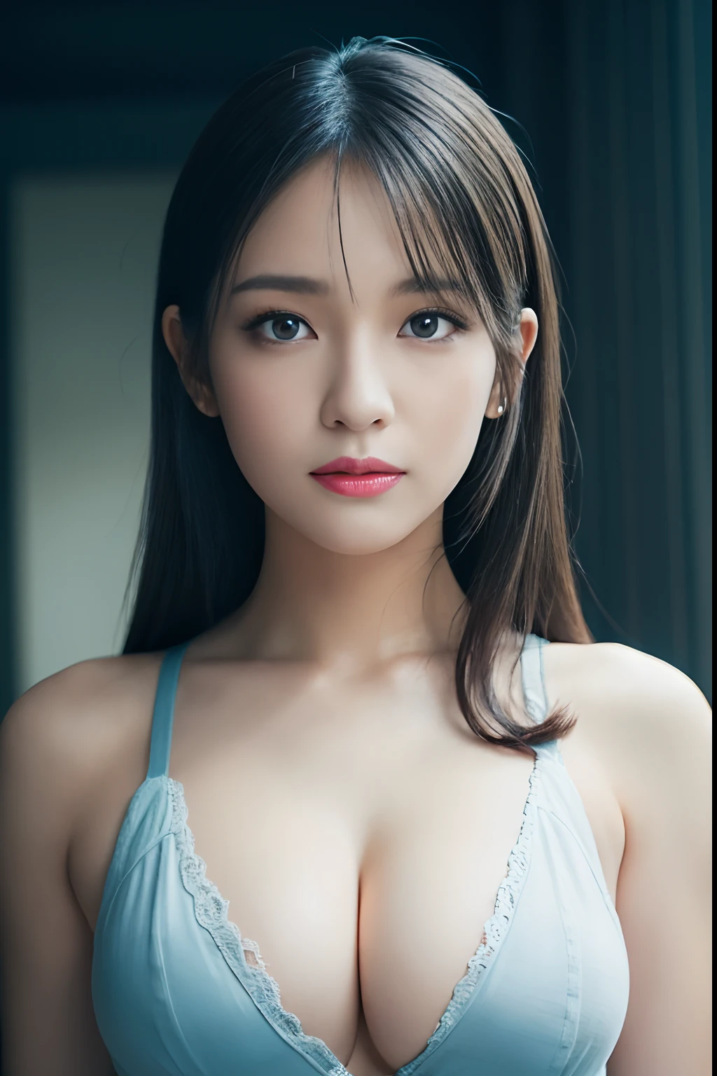 High quality, Shiny skin, (masutepiece:1.4), (8K, Photorealsitic, Raw photo, Best Quality: 1.4), japanes, (1girll), Beautiful face, (Realistic face:1.4), Beautiful hairstyle, Beautiful detailed eyes, (Best Ratio Eyes:1.5), Attractive, hight resolution, Ultra photo realsisim, Highly detailed, Optimal ratio, (Detailed face:1.4), view the viewer, red lipsticks, (Best Ratio Fingers:1.5), (Realistic blue eyes:1.2), ((High Proportion Realistic Breasts, Realistic medium breasts):1.4), (Closed mouth:1.5), Slender body, (with whole body visible:1.5), Portrait, Photography, Detailed skin, Realistic, Photorealsitic, Highly detailed, full length frame, High Detail RAW Color Art, Piercing, diffused soft lighting, Shallow depth of field, foco nítido, Cinematic lighting