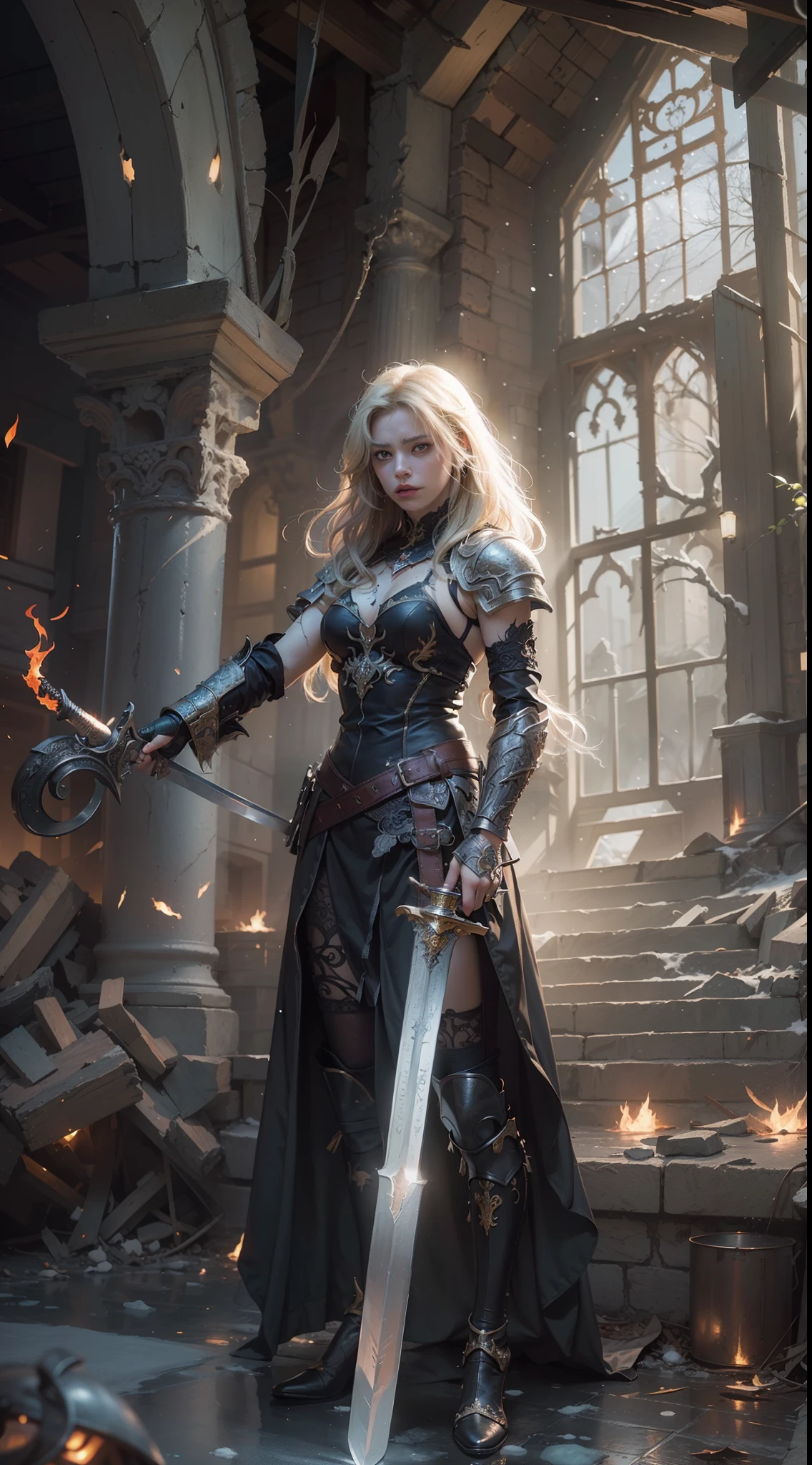 Practical,Viking,1 Girl,blue eyes,Small Breasts,Full body portrait,Blonde Hair,Solitary,Braided Hair,angry,Charge,A sword with a pattern engraved on the right hand,Shield on left arm,