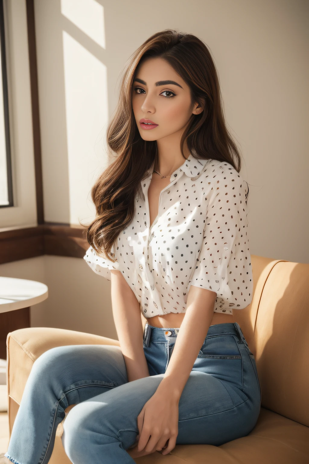 A 22 year old girl good looking pink lips wear western style clothes, white shirt, cute, sit in modern cafe for coffee, raw image, realistic, high quality , blue and red tone, model