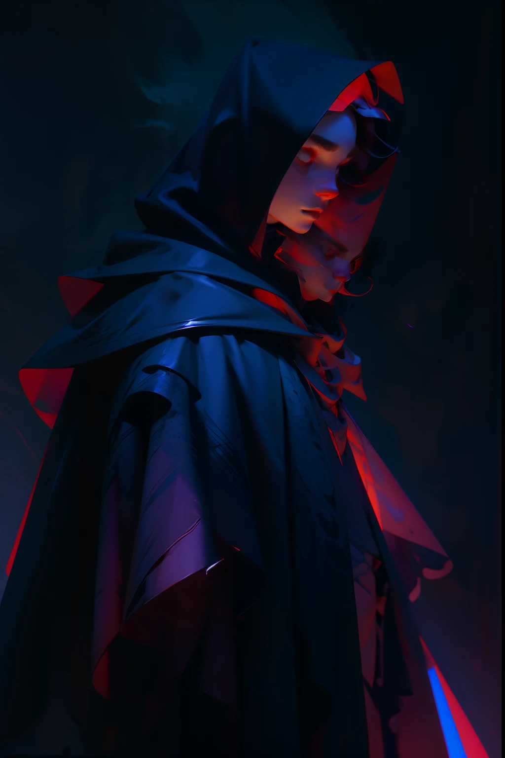 A dark and mysterious woman, dressed in a dark purple robe with a hood, and a spider web cape, background is dark storm clouds, mood is apprehensive, frustrating, ambiguous, inscrutable, eerie night time light, character design.