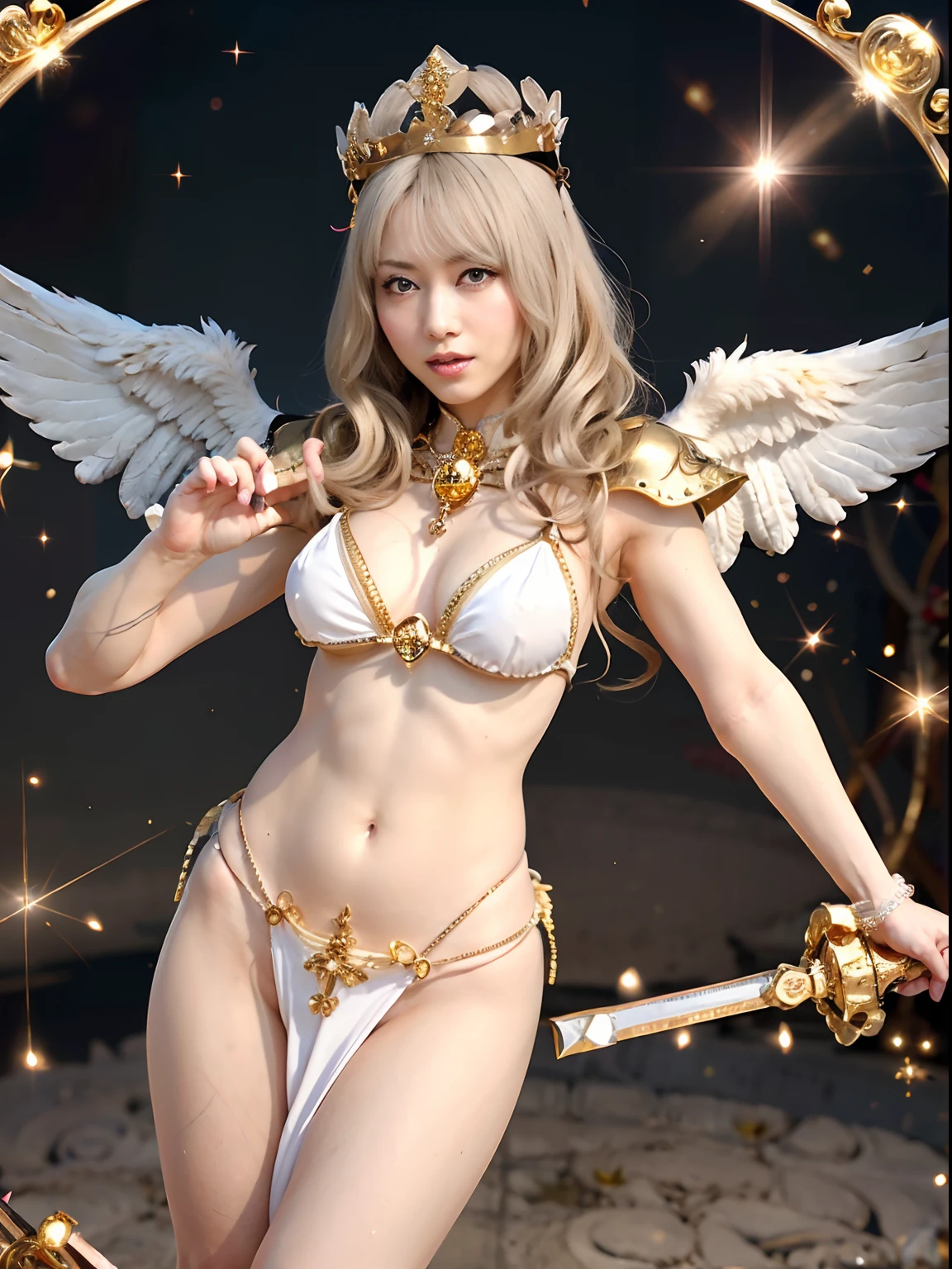 (Wearing a white micro bikini)、Professional , masterpiece、top-quality、photos realistic , depth of fields 、(white hair) 、Glamorous body、(Gemstone White Metal Body:4.9),(Matte White、(Sunburned skin)、Particles of light、Light makeup、(Random Hair Styles)、The ultimate beauty face in a micro bikini、(Angel wings grow)、Pose Seductive、Jewel Gold Weapon(Jewel Metal Body:1.4),Gorgeous metal weapons ,(( Detailed and gorgeous sword of the brave)) ,Mystical expression、Light Effects、intense fighting、Wind-effect、 () ,Wearing micro-bikini ,Detail and ornate jewel crown、((Micro Bikini Armor))、((Gangle's forest background))、Beautiful Caucasian beauty、1a person、dynamic ungle,(((Detailed and ornate diamond crown)))、Smaller head、A smile、Background inside the castle、Thin and beautiful female hands、Mystical expression、Light Effects、intense fighting、With the legendary magic wand、、Toostock、Anatomically correct body、