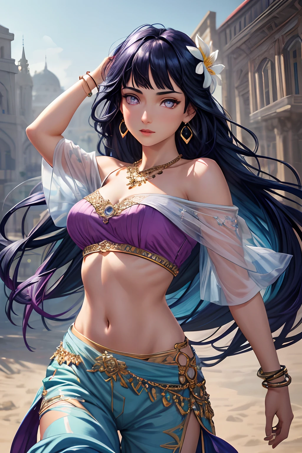 jasmine  1girl, solo,navel, holding, bare shoulders, jewelry, flower, earrings, midriff, pants, necklace, off shoulder, bracelet, see-through, white flower, gem, off-shoulder shirt, holding flower, multi-tied hair, arabian clothes (realistic:1.2), (realism), (masterpiece:1.2), (best quality), (ultra detailed), (8k, 4k, intricate),(full-body-shot:1), (85mm),light particles, lighting, (highly detailed:1.2),(detailed face:1.2), (gradients), sfw, colorful,(detailed eyes:1.2)(detailed background),detailed landscape, (dynamic angle:1.2), (dynamic pose:1.2), (rule of third_composition:1.3), (Line of action:1.2), purple eyes, Blunt Bangs,dark blue hair