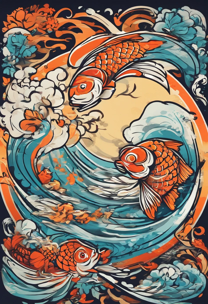 Two fish swimming in the water in a circular picture, a beautiful artwork illustration, Guofeng animation, Dragon gate background with a dragon gate above the middle, Guofeng animation, Pisces, Koi fish, Koi fish, fish swimming, Chinese fantasy, Guofeng Wind animation, ocean waves, round badge, national wind animation
