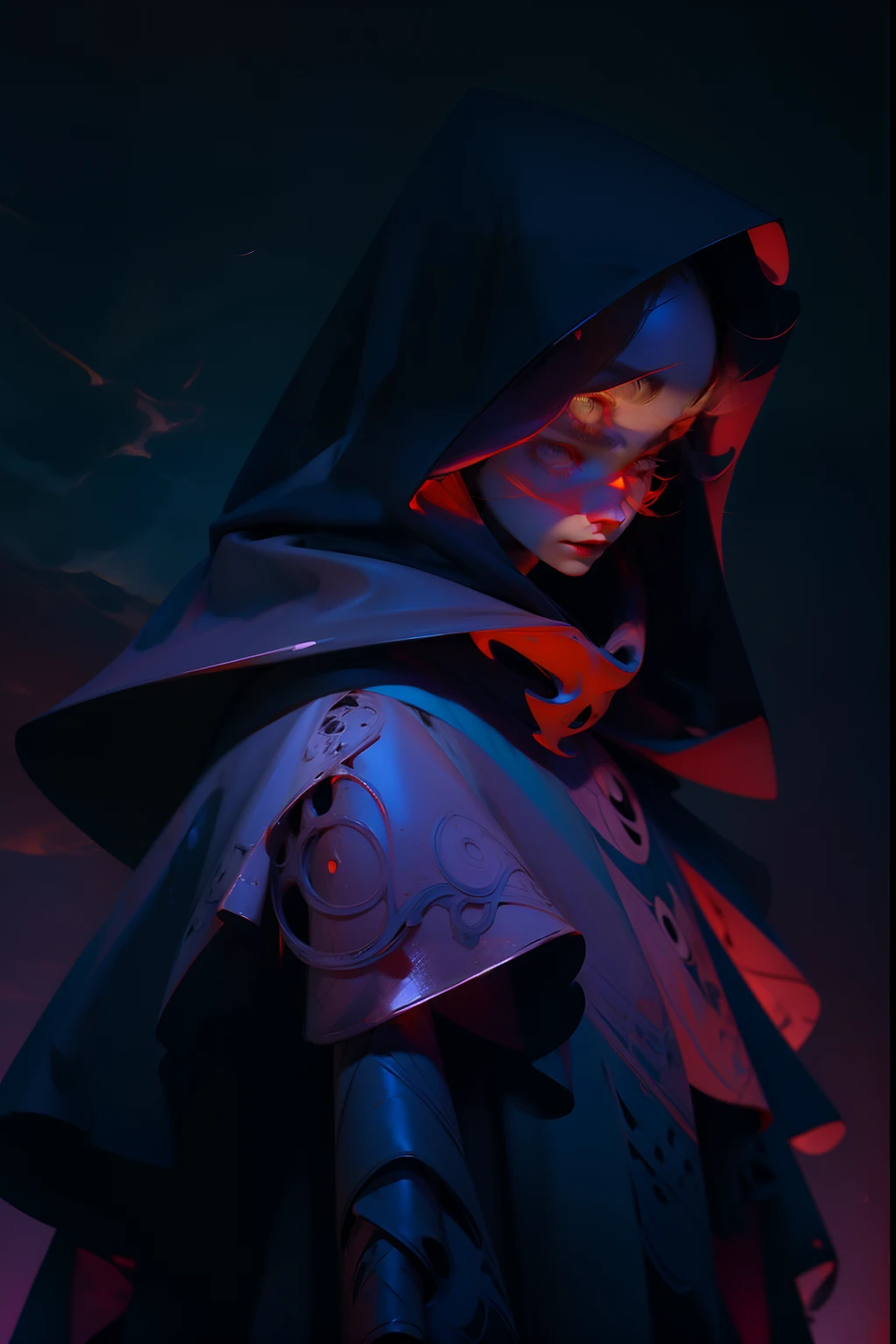 A dark and mysterious woman, dressed in a dark purple robe with a hood, and a spider web cape, background is dark storm clouds, mood is apprehensive, frustrating, ambiguous, inscrutable, eerie night time light, character design.