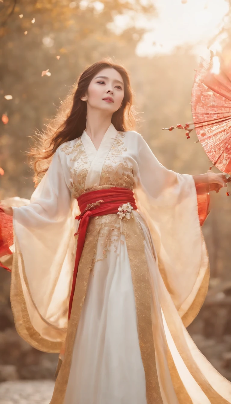 best quality, masterpiece, highres, (exquisite body:1.5),gorgeous face,(milky skin:1.3),intricate details,high resolution,wallpaper,
1girl, solo, dress, hair ornament, (((gold and red dress))), flowers, long hair, brown hair, closed mouth, jewelry, long sleeves, hand up, wide sleeves, big eyes,floating hair, chinese clothes, hanfu, embroidery, long skirt, natural pose, falling petals, indoor,fanning, lantern,
16K,HDR,highres,depth field,(film grain:1.1),boken,golden hour,(lens flare),vignette,rainbowing,(color grading:1.5)