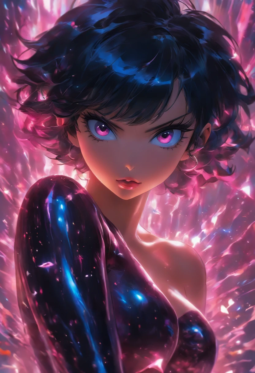 portrait, short black hair, juicy lips, bright pink eyes, pink eyes, huge breasts, perfect body, oiled skin, perfect face, perfect lighting, perfect details, scenery