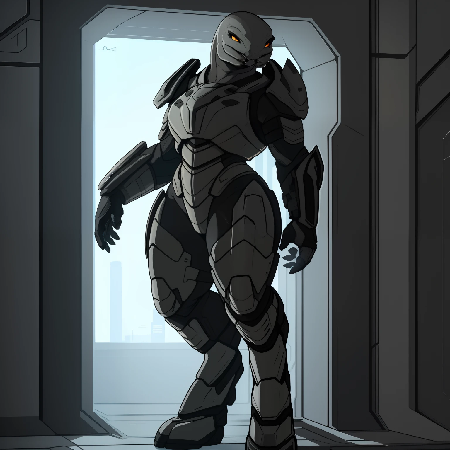 Tall_Muscular_mature_sangheili female dark_gray_scaled_body solo heavy_power_armor robes Masterpiece best_quality absurdres highly_detailed cleanly_drawn_eyes anthro_only by_claweddrip, by_greasymojo, by_underscore-b, by_runawaystride