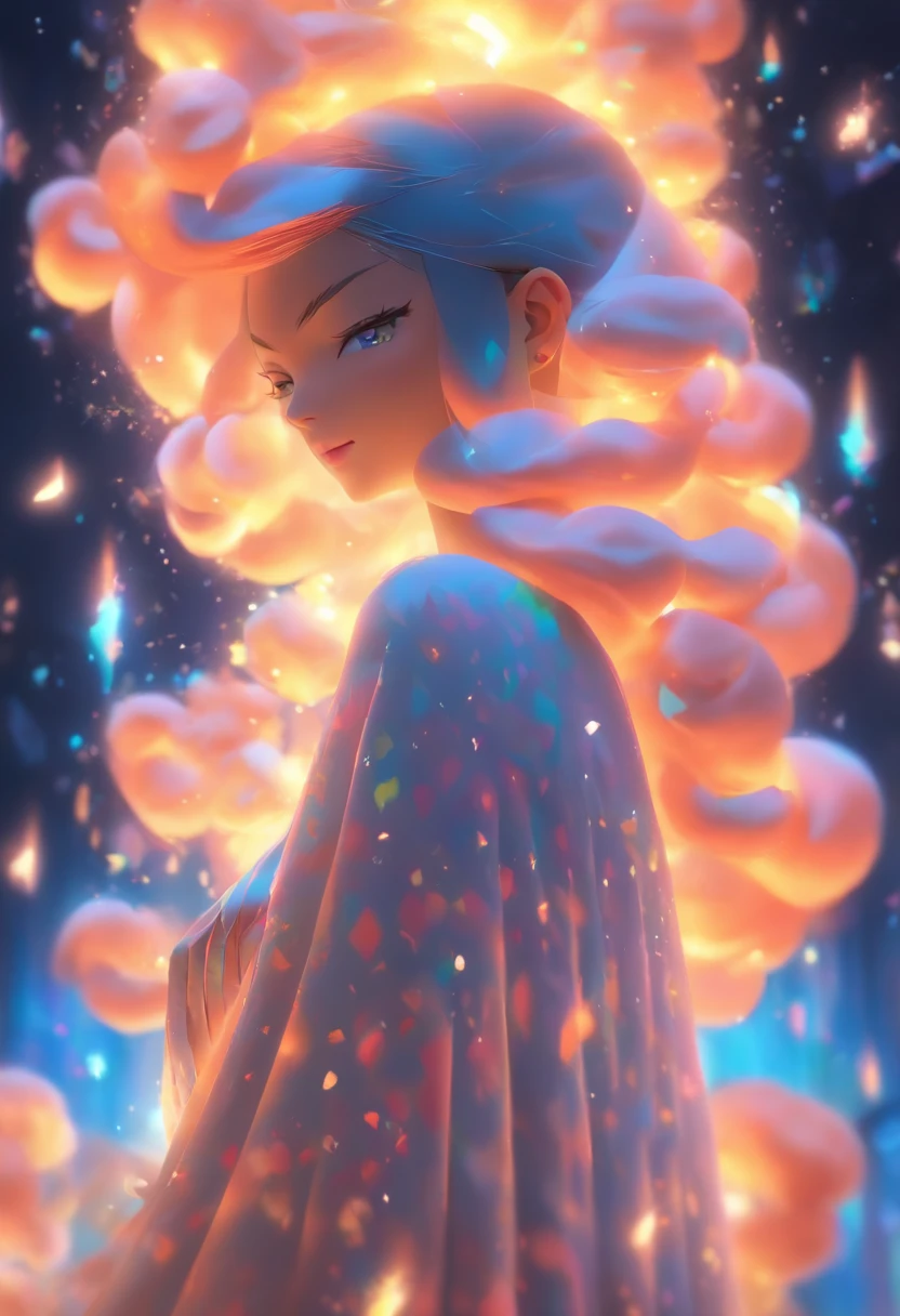 (absurderes,A high resolution,ultra - detailed), offcial art, Unity 8k壁纸, Ultra-detailed, aestheticly pleasing, tmasterpiece, best qualityer,long skirt,slender girl,Wear a tulle dress,It's set with sparkling diamonds,With a hood,Hood head,The material of the clothes is very light,Gaia style,The clothes are wrapped in an auspicious cloud pattern(Full body like),Vivid expressions