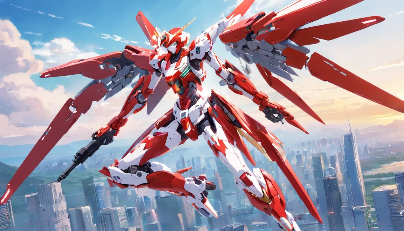Female red and white cyborg mech,holding gun,Complex mechanical structure,Mecha articulated wing metallic luster,Fly in the sky