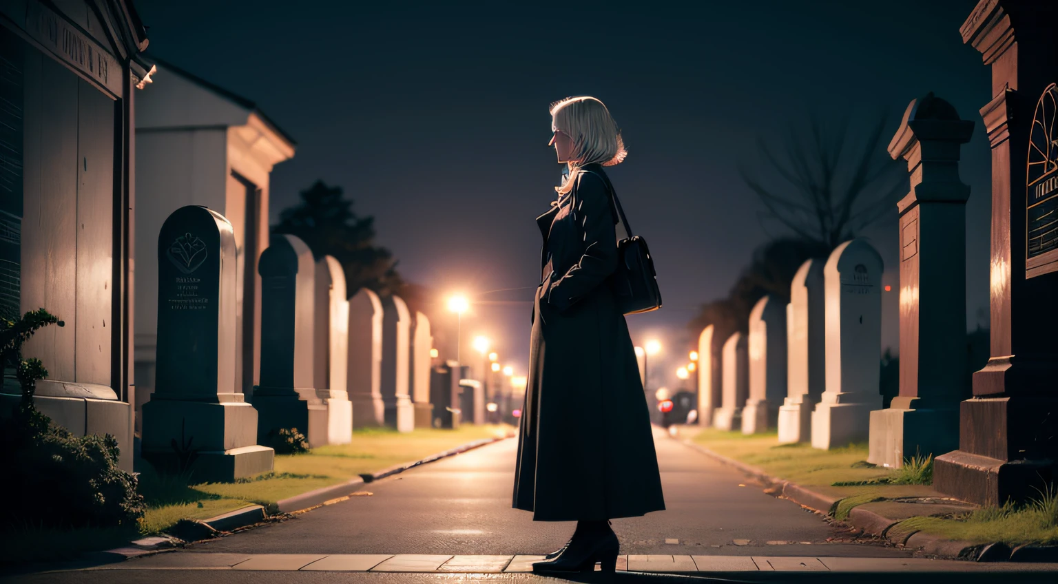 A taxi park in between of the cemetery in the night. A white lady standing beside the taxi