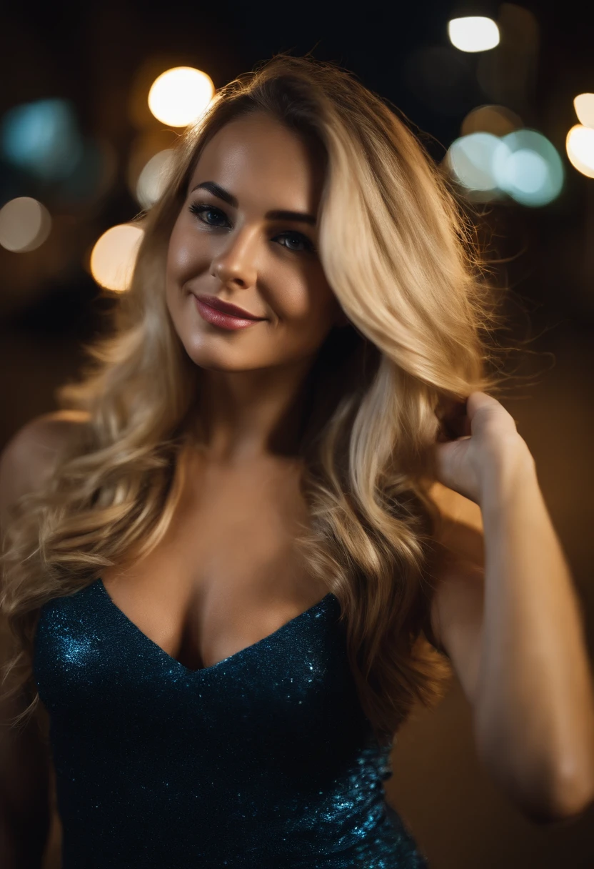 a smiling blonde walks down the DISCO. sexy 25 year old. realistic photo. ultra detailed. in sexy clothes HDR, very realistic, photorealism, 8k, cinematic lighting, natural pose, hispanic, full body, perfect angle, sexy girl with brown eyes, ultra realistic, very detailed, large eyes, without makeup, natural makeup, looking directly at the camera, face with artgram, subtle makeup, medium to large size bust, , sexy, professional, shot on canon, 85mm shallow depth of field, kodak vision color, realistic skin texture, best quality