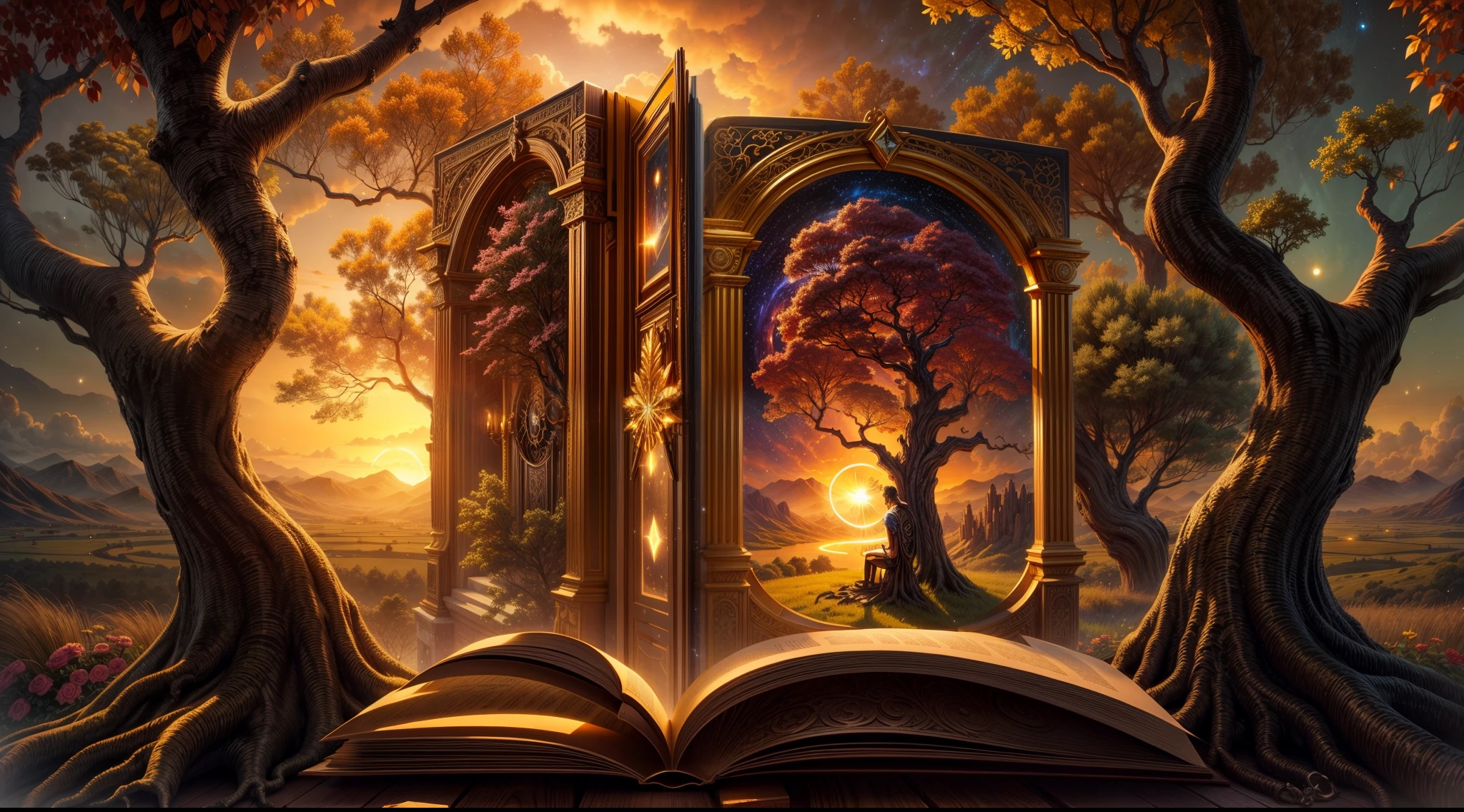 Chronos Portal, tree, galaxy, reading golden ornate book, evening, glow, sunset