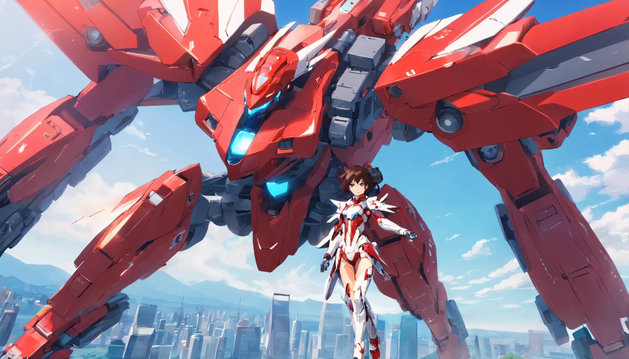 Female red and white cyborg mech，holding gun，Complex mechanical structure，Mecha articulated wing metallic luster，Fly in the sky