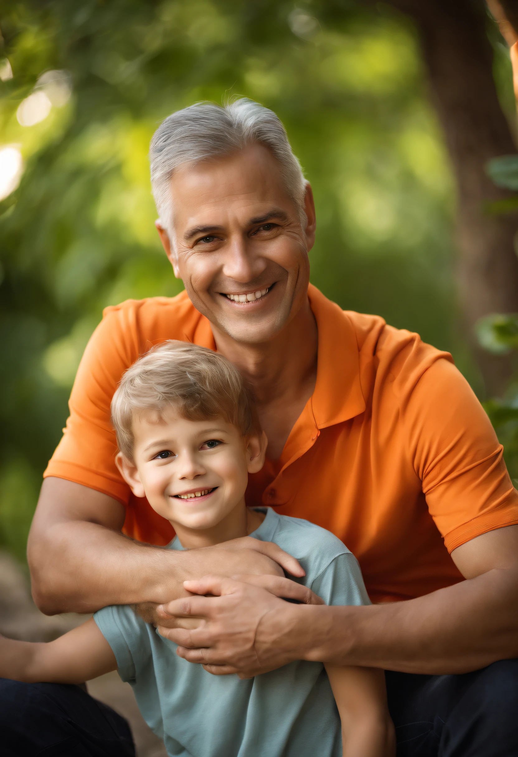 (best quality,highres),father and son wearing orange shirts,smiling,blurred background,warm lighting,lush greenery,soft focus,joyful expressions,beautiful bond,playful atmosphere,authentic emotion,memorable moment,sunny day,vibrant colors,happy faces,warm family connection