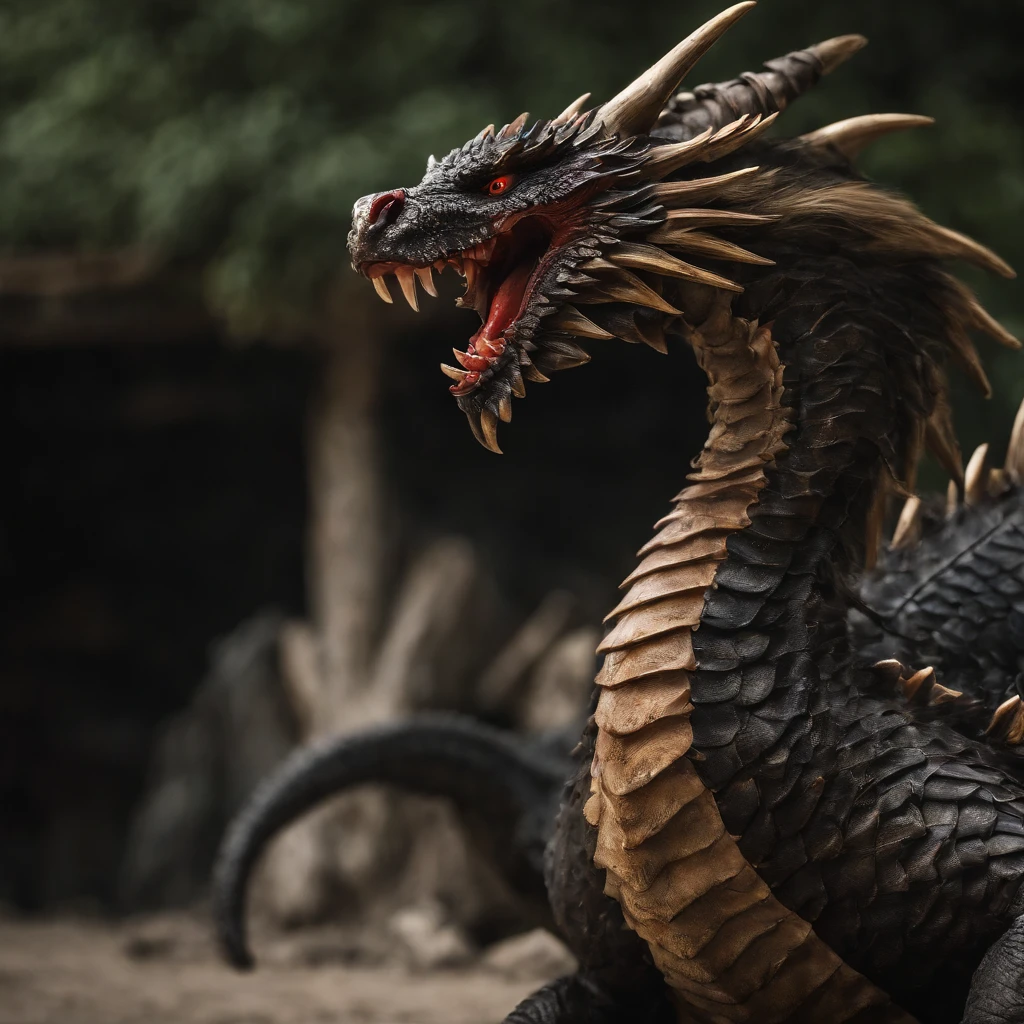 Tenryu Dourado，Rough red eyes,Close-up release of fire blood from the nose,Chest scales,alta qualidade,8k,muitos detalhes,Alface de fogo,Infelizmente,4 pernas,Garras manchadas,Ouro,Perigos,fires,dentes pontiagudos,big dragon,imensidade,Threatening,imponente