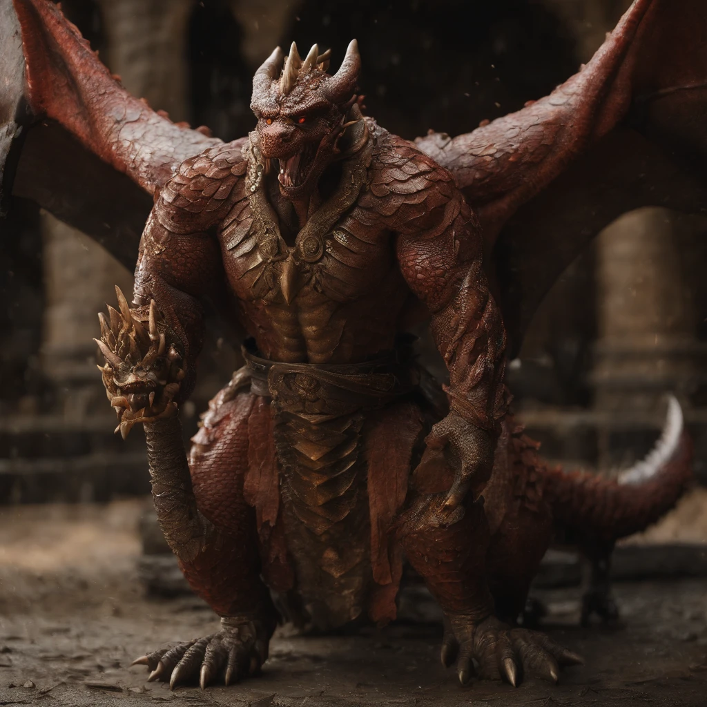 Tenryu Dourado,Rough red eyes,Close-up release of fire blood from the nose,Chest scales,alta qualidade,8k,muitos detalhes,Alface de fogo,Infelizmente,4 pernas,Garras manchadas,Ouro,Perigos,fires,dentes pontiagudos,big dragon,imensidade,Threatening,imponente