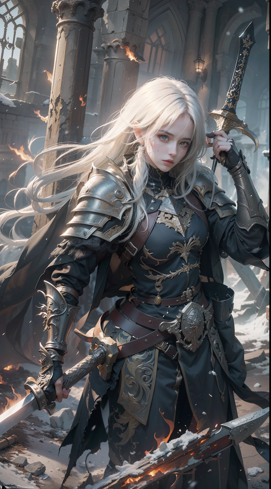 (Numerous award-winning masterpieces of, With incredible details, textures and maximum detail), (Ultra photo realsisim:1.4), (Realistic:1.3), (up of the upper body:0.3), (best quality real texture skin), (full-body standing image:1.8), (finely detailed true circle eyes), (A delicate and delicate beautiful face:1.6), ((medieval world)), Dark black leather mask, (Old knight in black), Beautifully decorated sword, In the dungeon, (Dark black full body armor，well decorated), (The armor is scarred，But beautifully decorated:1.5), Not wearing a helmet, (full-body portraits:1.8), ((head looking up)), ((Looking down)), (Hold the hilt of the elaborately decorated black longsword，The hilt of the sword emits a terrifying light:1.7), (dramatic pose), Beautiful white hair, Beautiful silver hair, beautiful blonde hair ,black web robe, Spider on armor, Strong warriors, Agile Warrior, fantasy, ((Dramatic photo)), ((dynamic photo)), Full body view, Highly detailed, Ultra-realistic, Intricate details, Painting (artwork of a), ((Masterpiece,Best quality)), ((Cinematic light)), Ultra photo realsisim, fearsome, Dark fantasy , Detailed armor, Detailed helmet, epic realistic, Faded, ((com cores neutras)), art, (hdr:1.5), (pastel colour:1.2), ultra - detailed, (Art Station:1.5), Cinematic, warm lights, Light effect, Dramaticlight, (Intricate details:1.1), the complex background, (greg rutkovsky:0.8), (Teal and orange:0.4), (swirling fire), (Spin lightning), (Swirling snow and ice), Old ruins infested with plants, Ruins of an old castle, Ancient Castle Site, Abandoned mine, Deserted ruins, crumbling ruins, Ruins with clear puddles, Twilight, Sunset, Dusk, battlefield, Bio-luminescence,