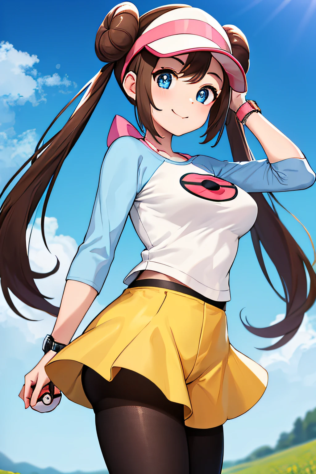 masterpiece, best quality, highres, ro1, hair bun, blue eyes, twintails, visor cap, pantyhose, raglan sleeves, yellow shorts, shirt, pink bow, wristwatch, standing, cowboy shot, field, poke ball \(basic\), smile