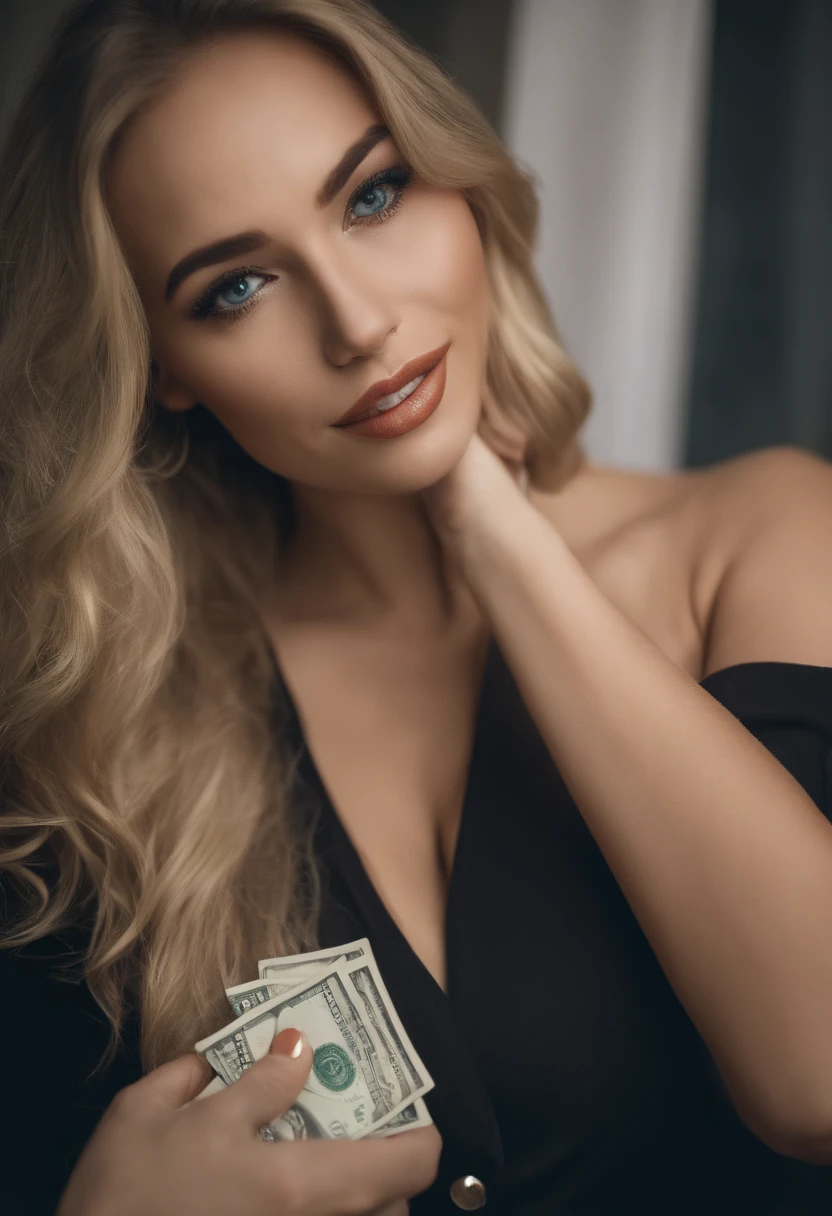 (Selfie, top view: 1.4), (straight half of the body: 1.4), RAW UHD portrait photo of a 24-year-old blonde (Blue-eyed woman) holding dollar bills, money, big boobs, luxury background, ( skirt), (detail), details (fabric! , hair! , glitter, color!! , disadvantages: 1.1), shiny eyes with high level of detail (looking into the camera), SLR lighting, SLR camera, ultra quality, sharpness , Depth of field, Film grain (Center), Fujifilm XT3, Crystal clear, Center of frame, Beautiful face, Sharp focus, bright light, Fluorescent lighting, Bokeh (dimly lit), day, (blue sky), Detailed skin pores, Oily skin, Sunburn, Complex eye detail, full entire body, big boobs