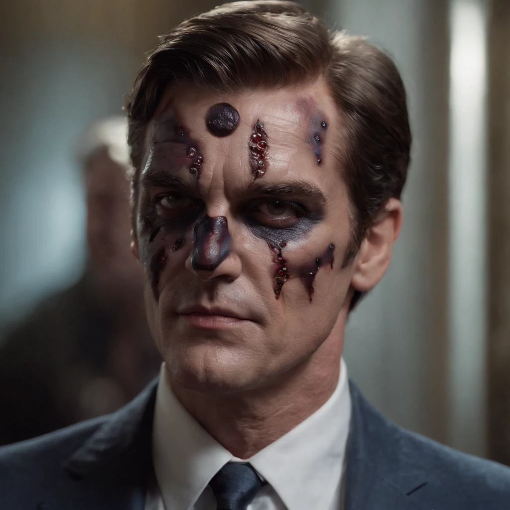 Ultra realistic, Two-Face from DC Comics, side of face horribly scarred