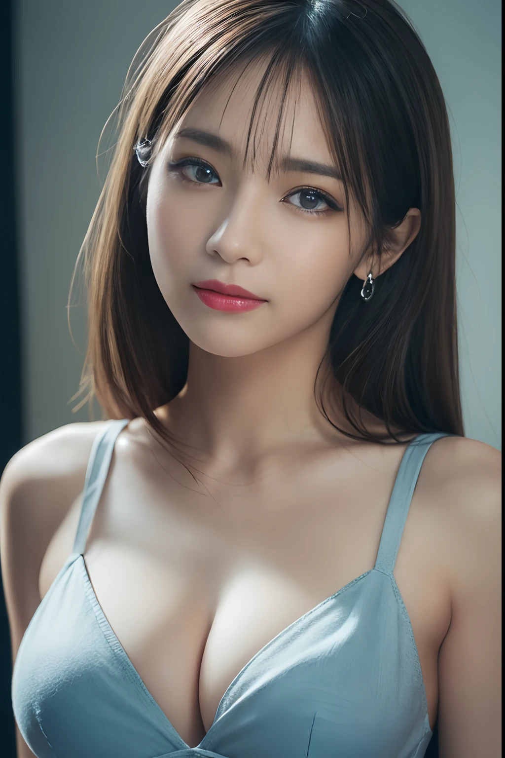 High quality, Shiny skin, (masutepiece:1.4), (8K, Photorealsitic, Raw photo, Best Quality: 1.4), japanes, (1girll), Beautiful face, (Realistic face:1.4), Beautiful hairstyle, Beautiful detailed eyes, (Best Ratio Eyes:1.5), Attractive, hight resolution, Ultra photo realsisim, Highly detailed, Optimal ratio, (Detailed face:1.4), view the viewer, red lipsticks, (Best Ratio Fingers:1.5), (Realistic blue eyes:1.2), ((High Proportion Realistic Breasts, Realistic medium breasts):1.4), (Closed mouth:1.5), Slender body, (with whole body visible:1.5), Portrait, Photography, Detailed skin, Realistic, Photorealsitic, Highly detailed, full length frame, High Detail RAW Color Art, Piercing, diffused soft lighting, Shallow depth of field, foco nítido, Cinematic lighting