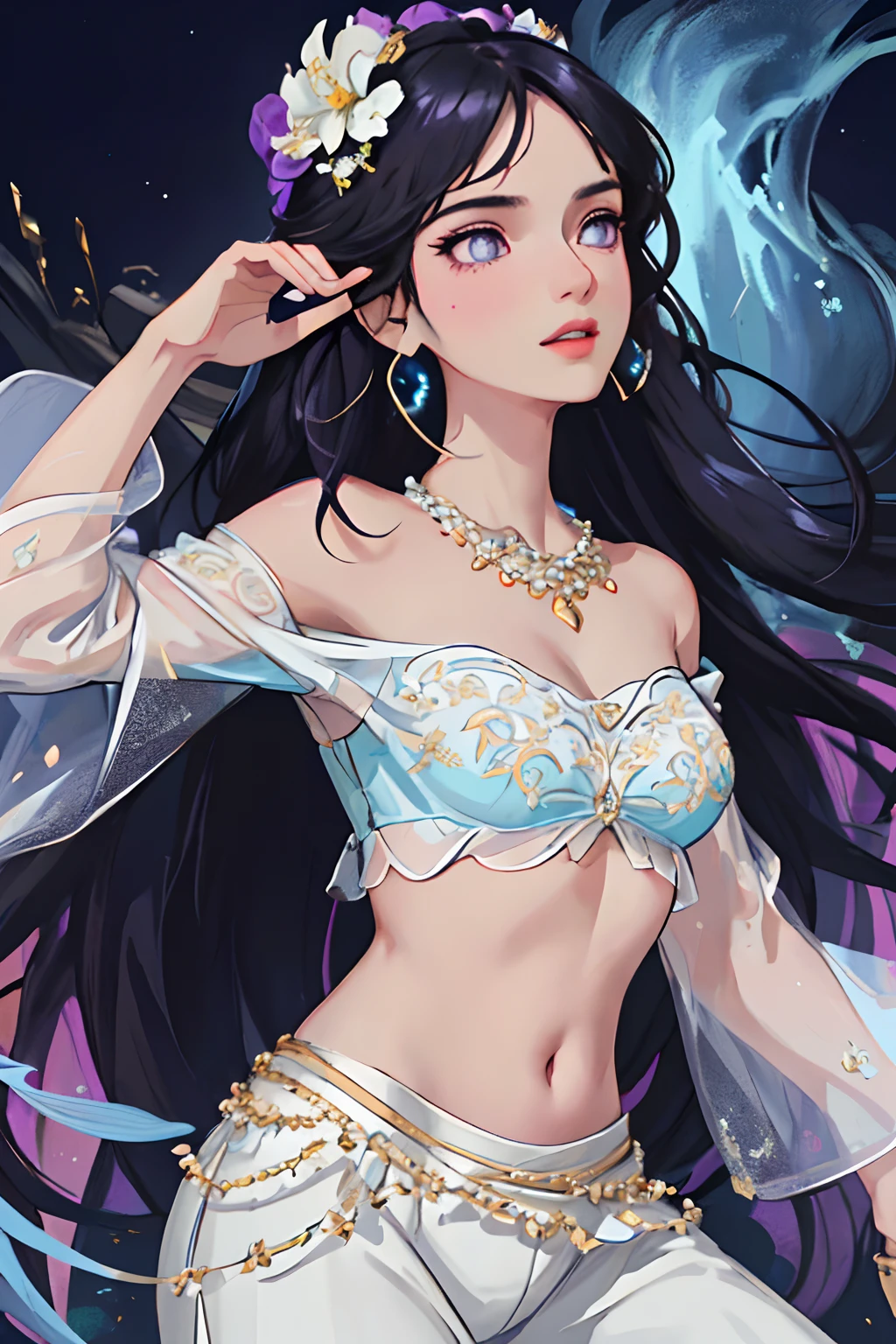 jasmine 1girl, solo,navel, holding, bare shoulders, jewelry, flower, earrings, midriff, pants, necklace, off shoulder, bracelet, see-through, white flower, gem, off-shoulder shirt, holding flower, multi-tied hair, arabian clothes (realistic:1.2), (realism), (masterpiece:1.2), (best quality), (ultra detailed), (8k, 4k, intricate),(full-body-shot:1), (85mm),light particles, lighting, (highly detailed:1.2),(detailed face:1.2), (gradients), sfw, colorful,(detailed eyes:1.2)(detailed background),detailed landscape, (dynamic angle:1.2), (dynamic pose:1.2), (rule of third_composition:1.3), (Line of action:1.2), purple eyes, Blunt Bangs,dark blue hair