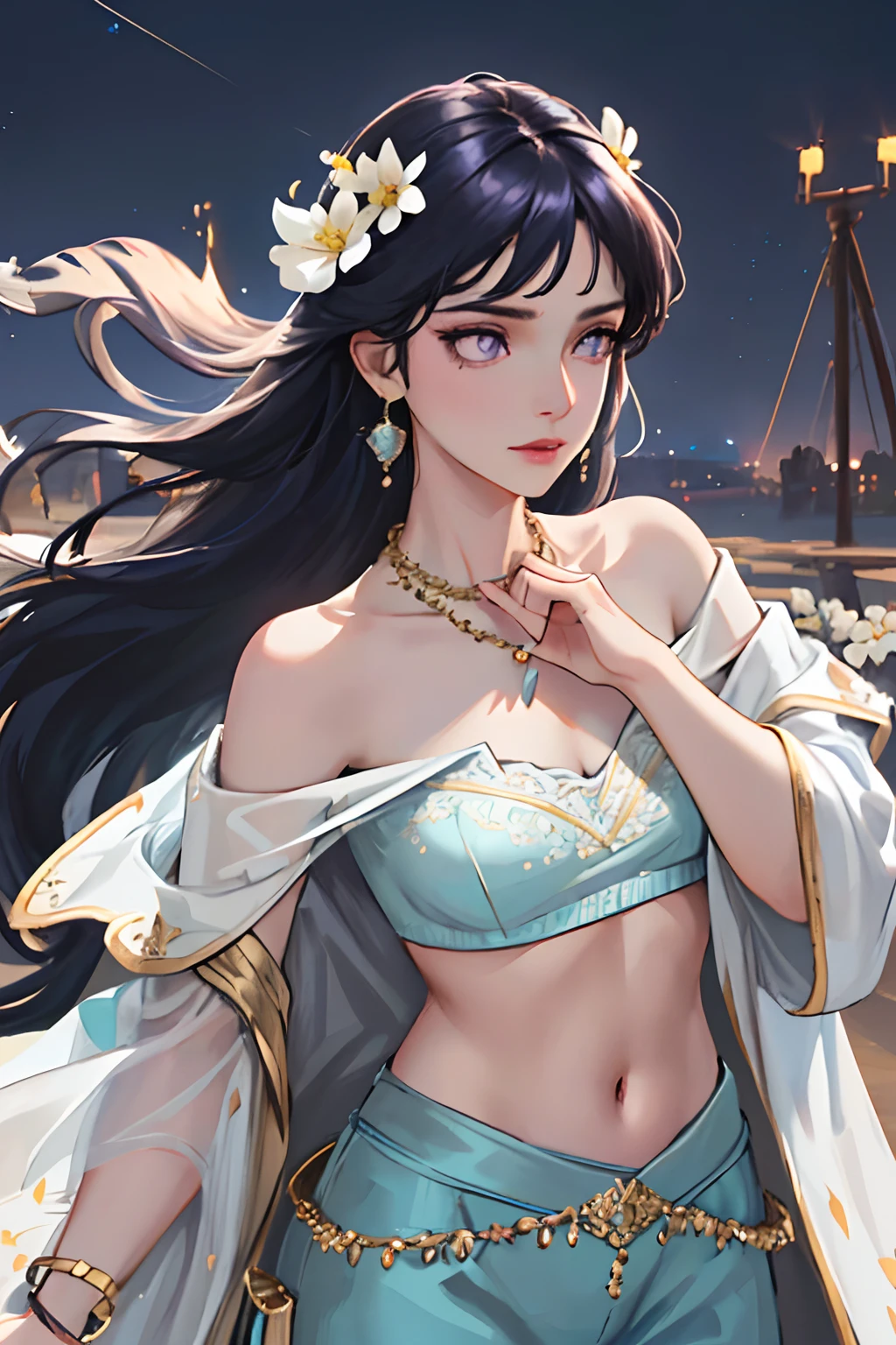 jasmine 1girl, solo,navel, holding, bare shoulders, jewelry, flower, earrings, midriff, pants, necklace, off shoulder, bracelet, see-through, white flower, gem, off-shoulder shirt, holding flower, multi-tied hair, arabian clothes (realistic:1.2), (realism), (masterpiece:1.2), (best quality), (ultra detailed), (8k, 4k, intricate),(full-body-shot:1), (85mm),light particles, lighting, (highly detailed:1.2),(detailed face:1.2), (gradients), sfw, colorful,(detailed eyes:1.2)(detailed background),detailed landscape, (dynamic angle:1.2), (dynamic pose:1.2), (rule of third_composition:1.3), (Line of action:1.2), purple eyes, Blunt Bangs,dark blue hair