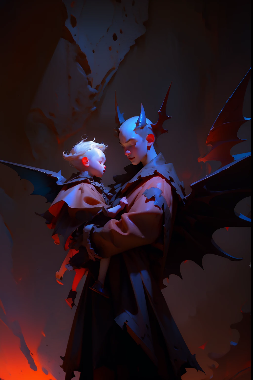 A devil man with bat wings, holding a neglected baby, background is the flames of hell, mood is degradation, decadence, alienation, mendacity, night time light, character design.