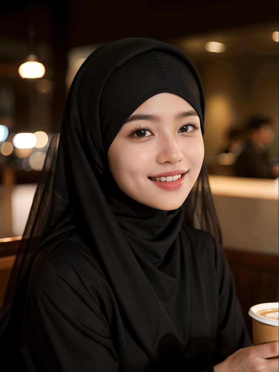 best quality, masterpiece, ultra high res, photorealistic, 1girl, smile, asia, muslim, coffeshop