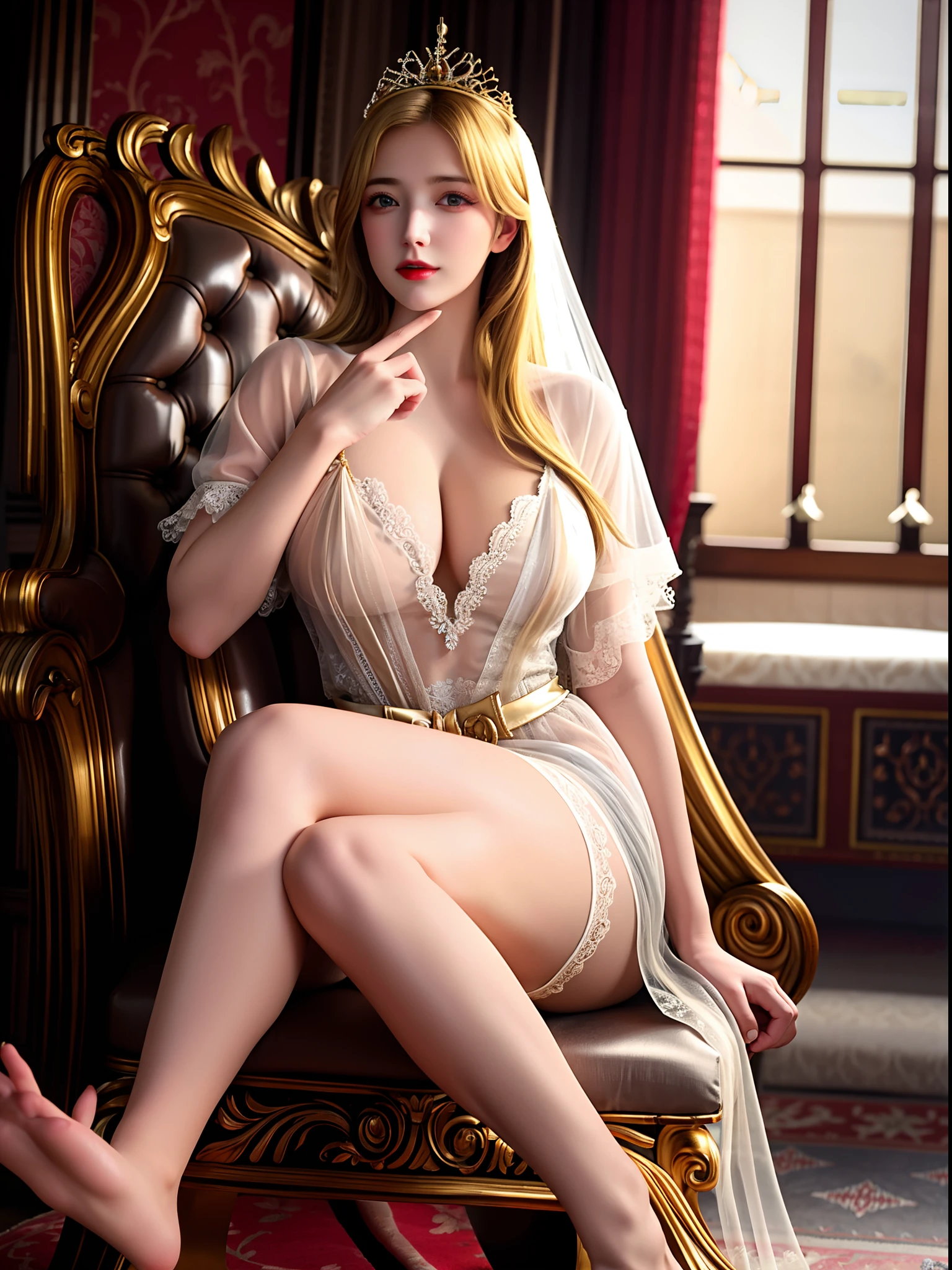 (best quality,4k,8k,highres,masterpiece:1.2),ultra-detailed,(realistic,photorealistic,photo-realistic:1.37),beautiful queen,lingerie,richly decorated lingerie,regal atmosphere,enchanting beauty,delicate lace,luxurious fabrics,shimmering jewels,fine embroidery,elegant corset,colorful feathers,sheer veil,see-through transparent clothes,royal crown,majestic throne,mesmerizing gaze,graceful posture,dramatic lighting,breathtaking beauty,noble elegance,soft focus,romantic ambiance,exquisite details,perfect makeup,long flowing hair,subtle sensuality,rosy cheeks,feminine charm,sparkling eyes,commanding presence,opulent surroundings,vivid colors,ethereal atmosphere,vintage-inspired,classic portrait,artistic depiction,(realistic big breasts:1.28),(blonde hair:1.3),closed mouth,blue eyes,slender abs,double eyelids,full body,navel exposed.