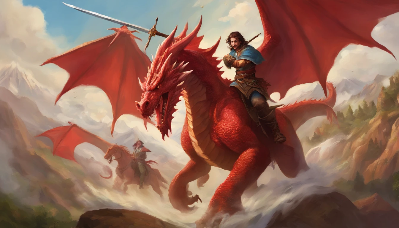 Painting of a group of people with swords and red dragon in the sky, battle with dragon, dungeons and dragons art, epic fantasy art, epic fantasy game art, d & D Arte Digital Fantasia, Epic Fantasy Digital Art Style, Dungeons and Dragons Arte de fantasia, d & d fantasy art, epic fantasy painting, d & d fantasia pintura digital, surpreendente d & D arte
