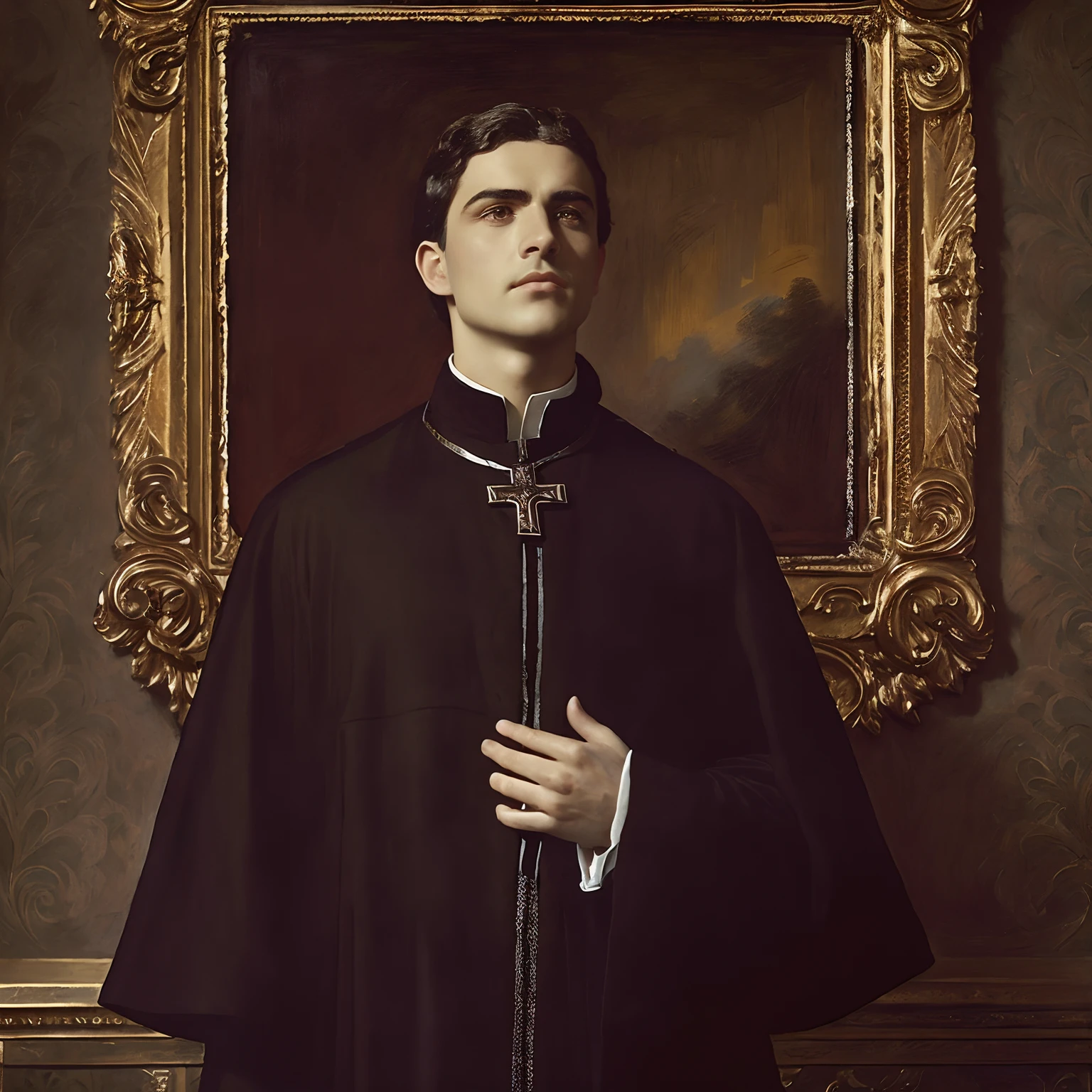 Man in black bathrobe standing in front of a painting, an evil catholic priest, Retrato do Santo Padre, Retrato gracioso santo, em vestes escuras com detalhes dourados, Tom Bagshaw Donato Giancola, Robed, portrait of saint of the pit, Raphael Personnaz, Foto realista de uma jovem de 20 anos com cabelos escuros amarrados em coque e usa uma capa preta bem simples, Confessing with a middle-aged priest in a confessional, em 1860, Italy,  inspirado em Pierre Brissaud, inspirado por Illarion Pryanishnikov, inspirado em Jules Robert Auguste, Rossetti, inspirado em Henri Bellechose, (Jean Jules Linden), Tom mapeado William-Adolphe, Retrato de um duque da era vitoriana, inspired by Eugène Carrière em 1850, Italy, foto realista, Victorian colours, foto realista, 1850