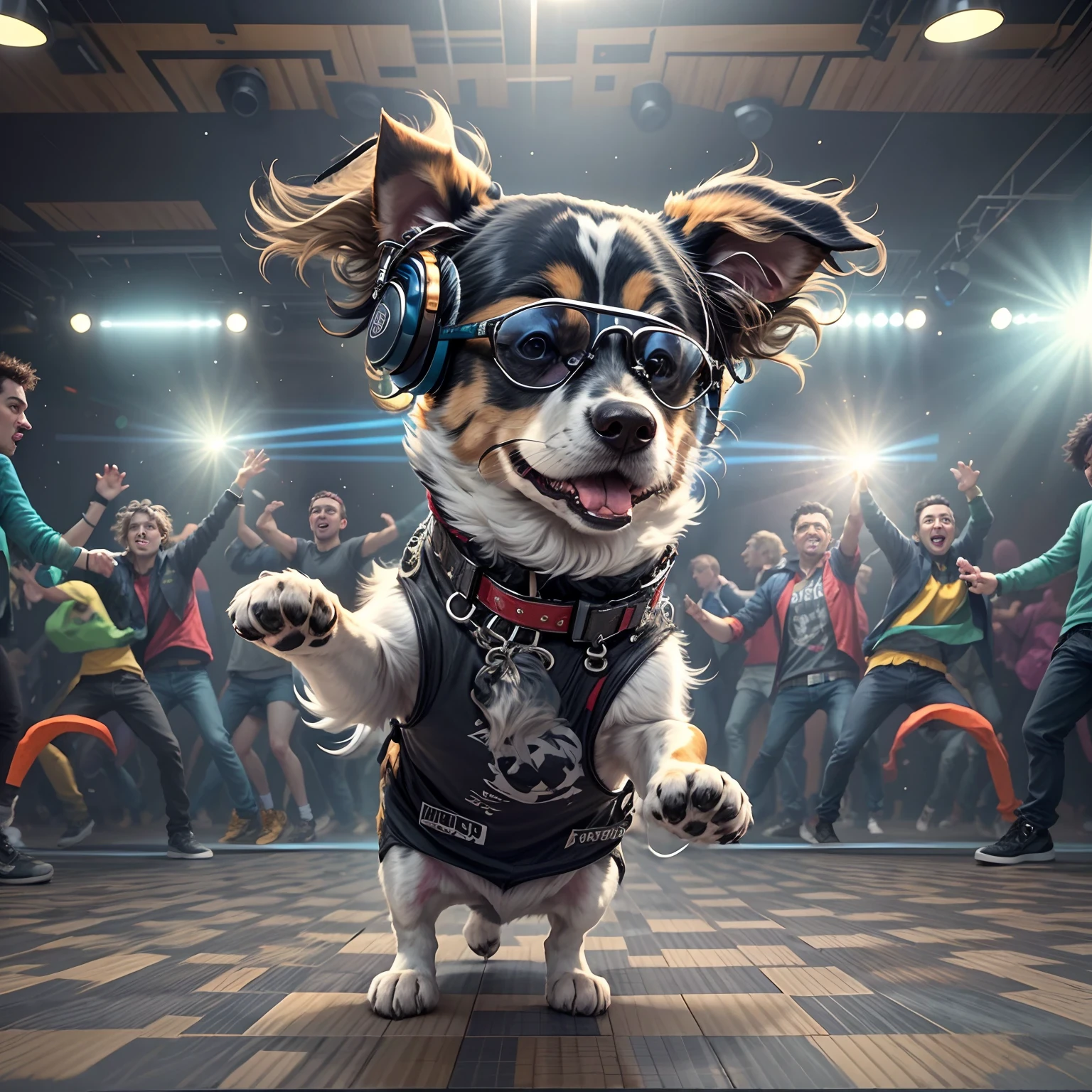 Dog dancing rock on dance floor background, Underground danceclub,tmasterpiece, high high quality, Best quality at best,Rock ballroom,Stylish dog DJ,Dogs wear punk headphones,Dogs wear rock costumes,k hd,8K