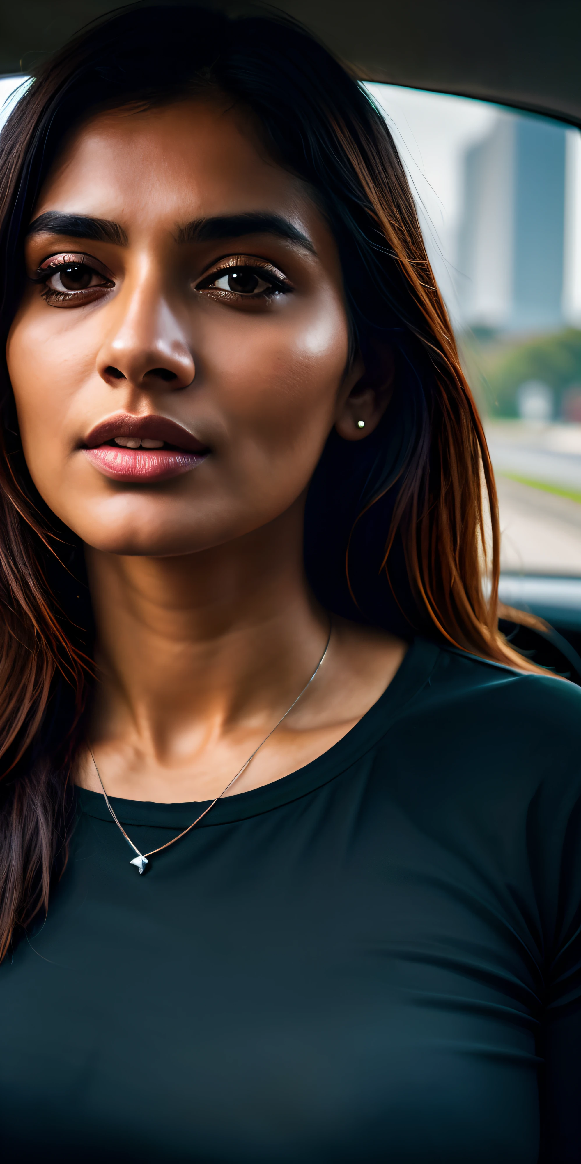 beautiful mature Indian college girl, in black basic round neck Teeshirt with skinny jeans, outside on road, traffic, buildings, firm breasts, photorealistic, photo, masterpiece, realistic, realism, photorealism, high contrast, photorealistic digital art trending on Artstation 8k HD high definition detailed realistic, detailed, skin texture, hyper detailed, realistic skin texture, armature, best quality, ultra high res, (photorealistic:1.4),, high resolution, detailed, raw photo, sharp re, by lee jeffries nikon d850 film stock photograph 4 kodak portra 400 camera f1.6 lens rich colors hyper realistic lifelike texture dramatic lighting unrealengine trending on artstation cinestill 800,