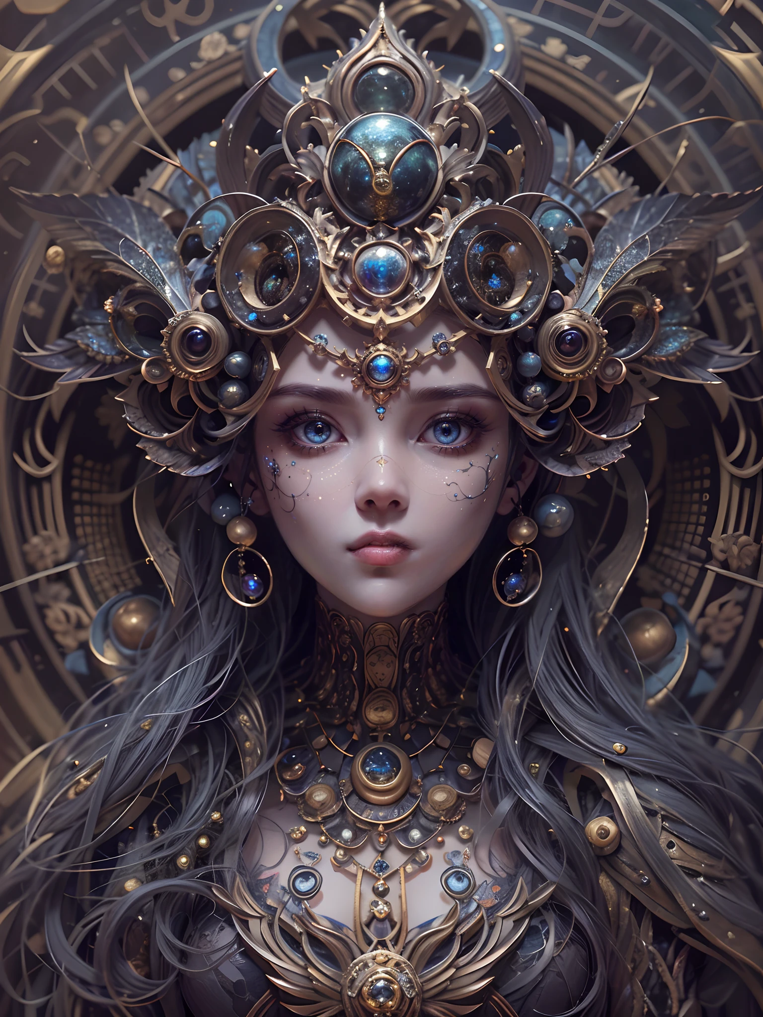 (best qualtiy,ultra - detailed,Most Best Illustration,Best shadow,tmasterpiece,A high resolution,professionalartwork,famousartwork),Detailed eyes,beautidful eyes,closeup cleavage,sci-fy,colored sclera,Robot eyes,face markings,Tattooed with,(fractalized,Fractal eyes),largeeyes,Wide eyes,(Eye focus),sface focus,Cosmic eyes,Space eyes,Close-up of metal sculpture of a woman with a moon in her hair,goddes。extremly high detail,3 d goddess portrait,Extremely detailed footage of the goddess,a stunning portrait of a goddess,Side image of the goddess,portrait of a beautiful goddess,Full body close-up portrait of the goddess,hecate goddess,portrait of a norse moon goddess,goddess of space and time