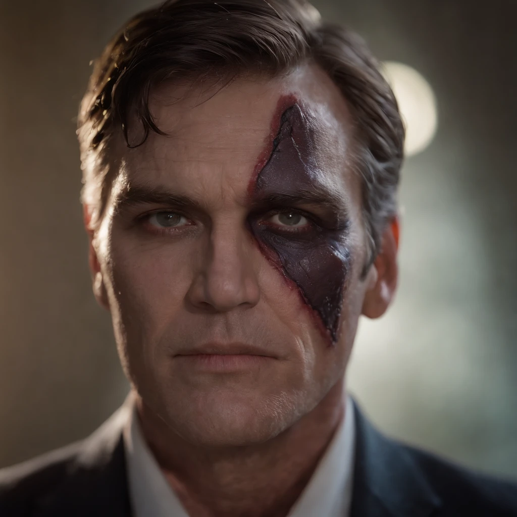Ultra realistic, Two-Face from DC Comics, side of face horribly scarred, face evenly divided left and right between normal and scarred