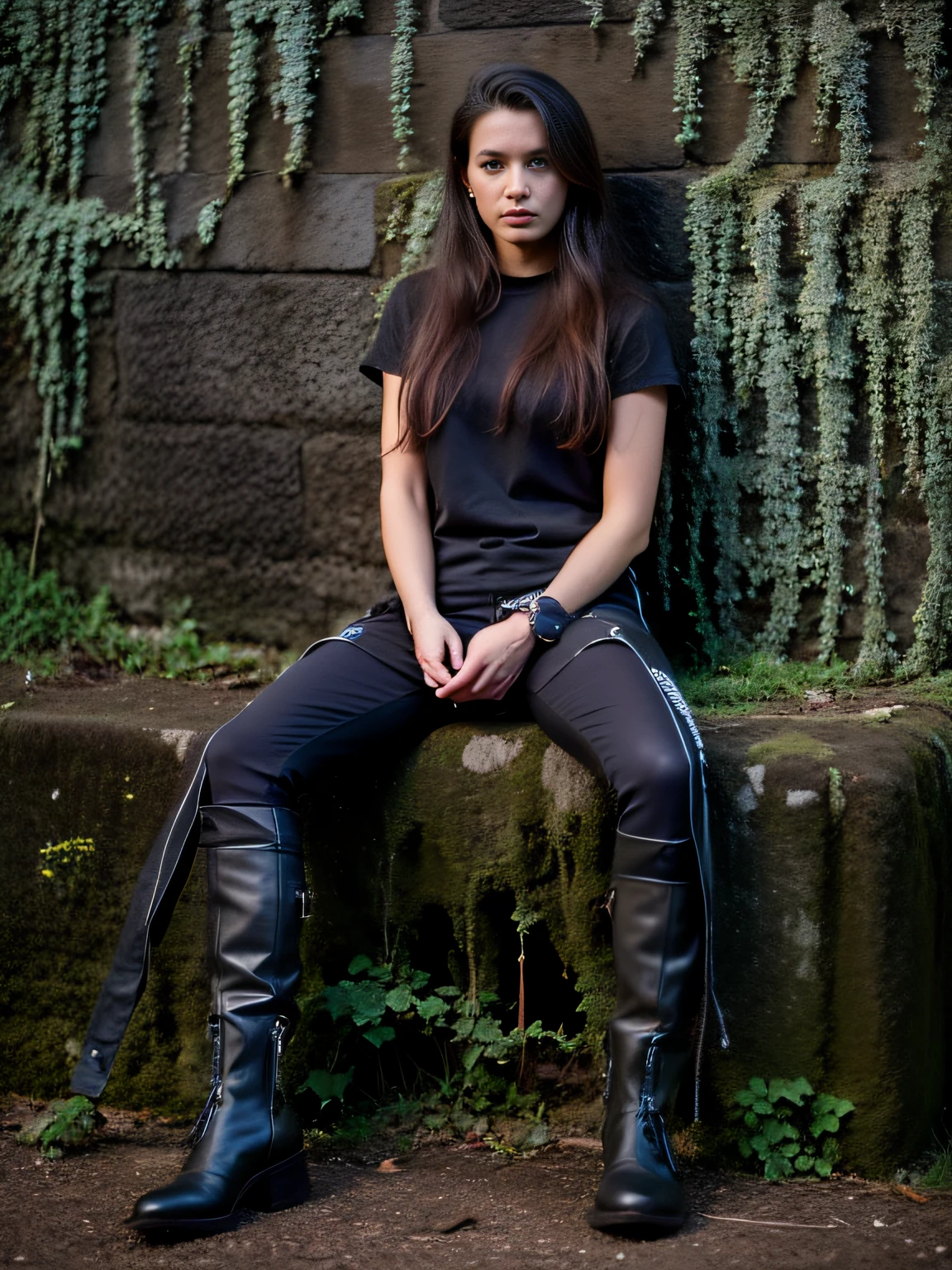 junge deutsche frau, 30 jahre jung, symmetrisches gesicht, Arms behind back, blick in kamera, viele details, lange schwarze haare, unscharfer Hintergrund, apokalyptisches szenario, pistole in hand, minirock, schwarze overknees, schwarzes top