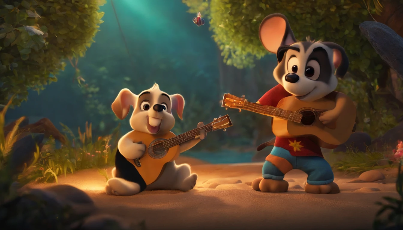 Rock puppy,tidal current,plays the guitar,Madness,Fluttering musical symbols,8k,super-fine,full bodyesbian,best qualtiy,Disney animation,Disney animation style,Disney animated film art