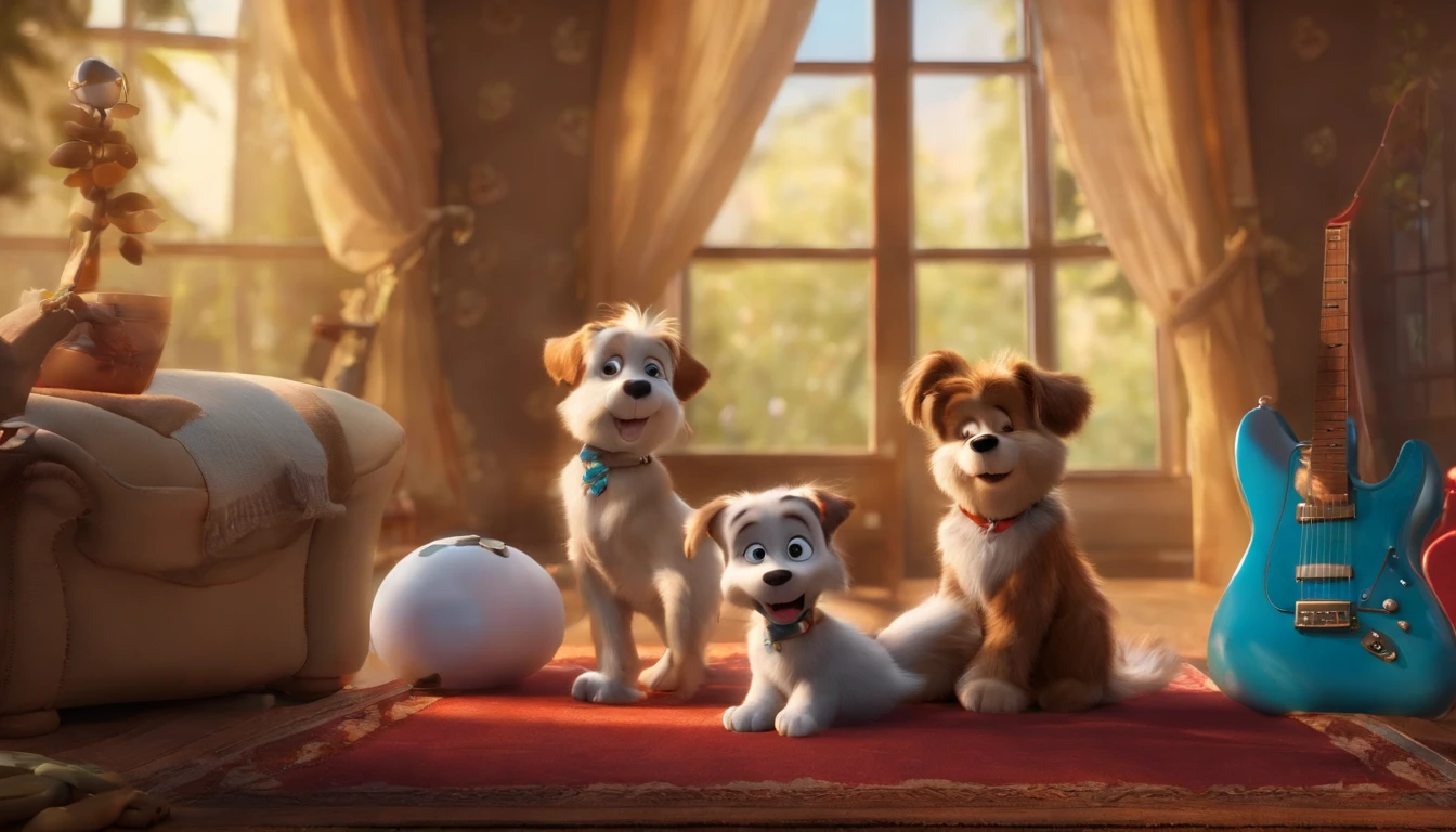 Rock puppy,tidal current,plays the guitar,Madness,Fluttering musical symbols,8k,super-fine,full bodyesbian,best qualtiy,Disney animation,Disney animation style,Disney animated film art