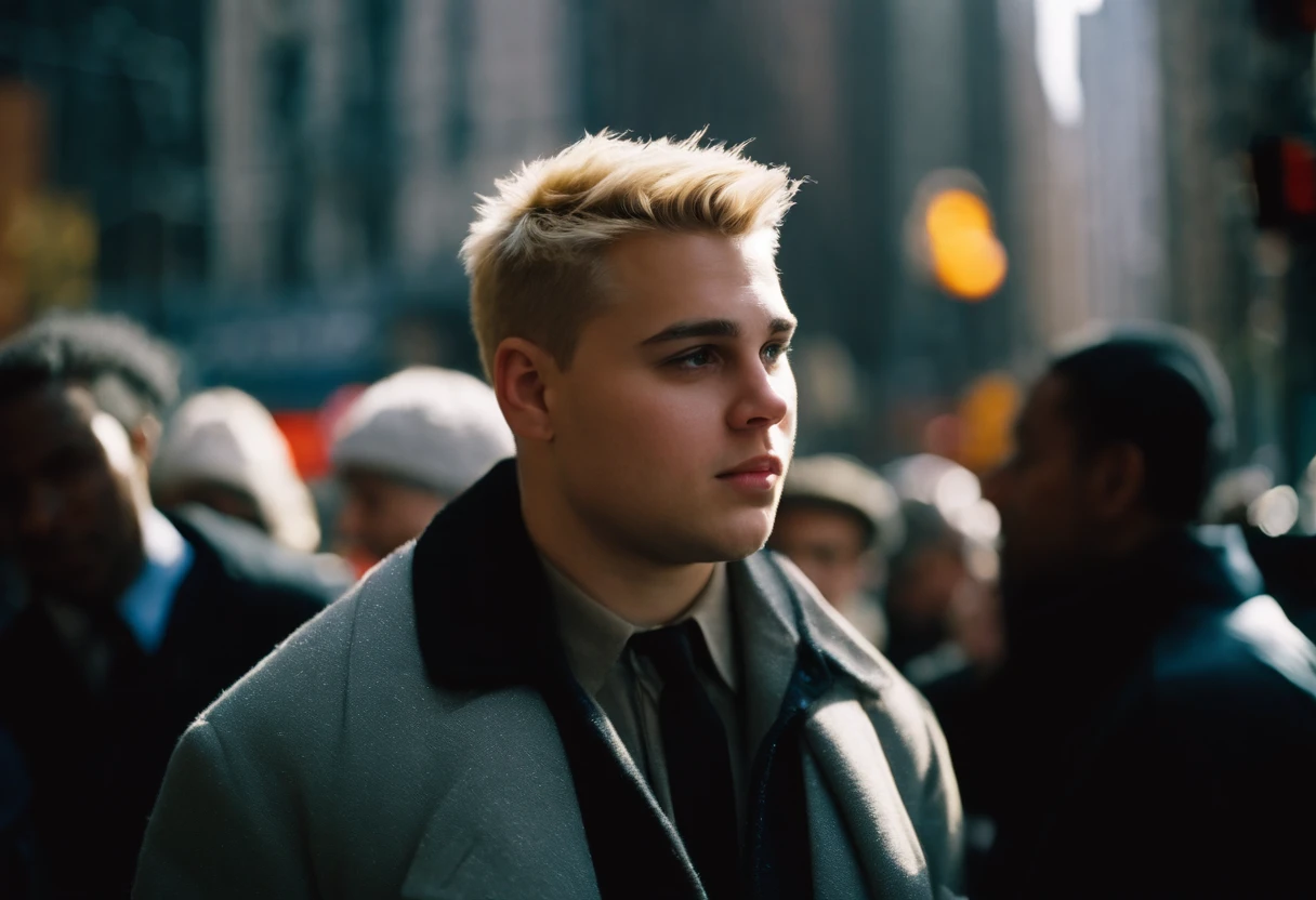 big fat man, 21 year old, short spiky hair, blonde, straight hair, cold, (cameraman:1,5), new york city, Photojournalism, 35mm, Kodak Gold 200, Depth of Field, Materiality