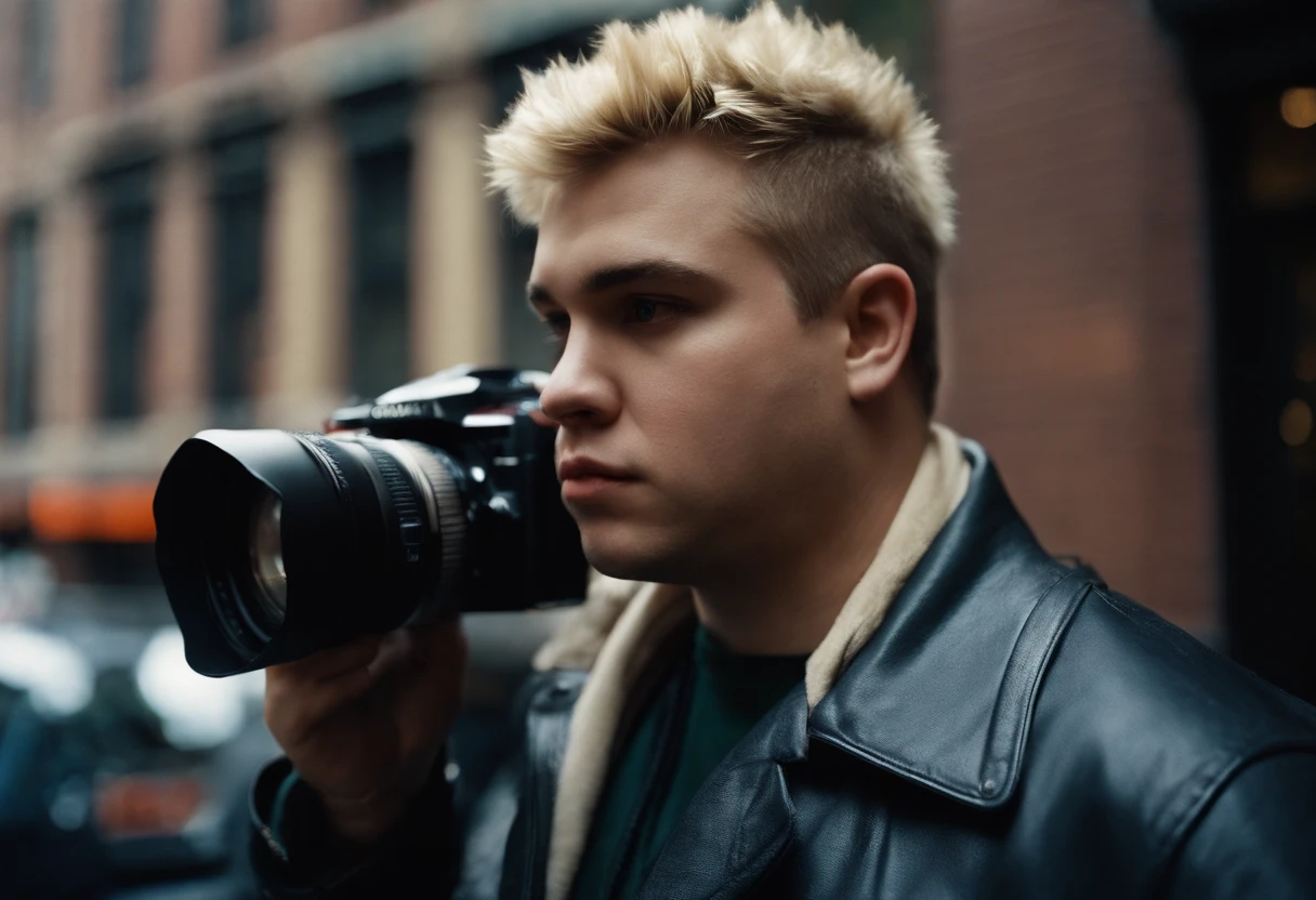 big fat man, 21 year old, short spiky hair, blonde, straight hair, cold, (cameraman:1,5), new york city, Photojournalism, 35mm, Kodak Gold 200, Depth of Field, Materiality