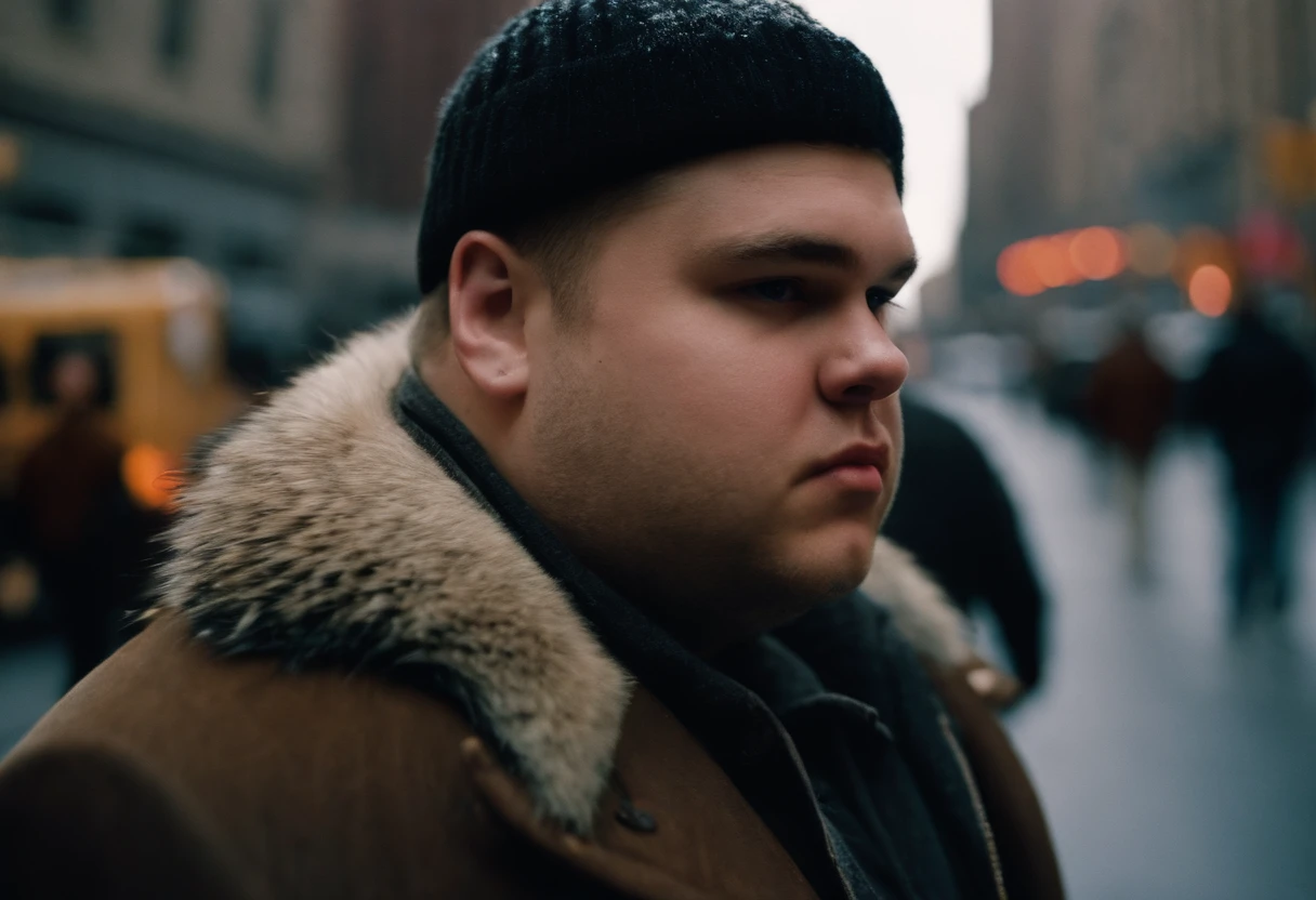 big fat man, 21 year old, short spiky hair, blonde, straight hair, cold, (cameraman:1,5), new york city, Photojournalism, 35mm, Kodak Gold 200, Depth of Field, Materiality