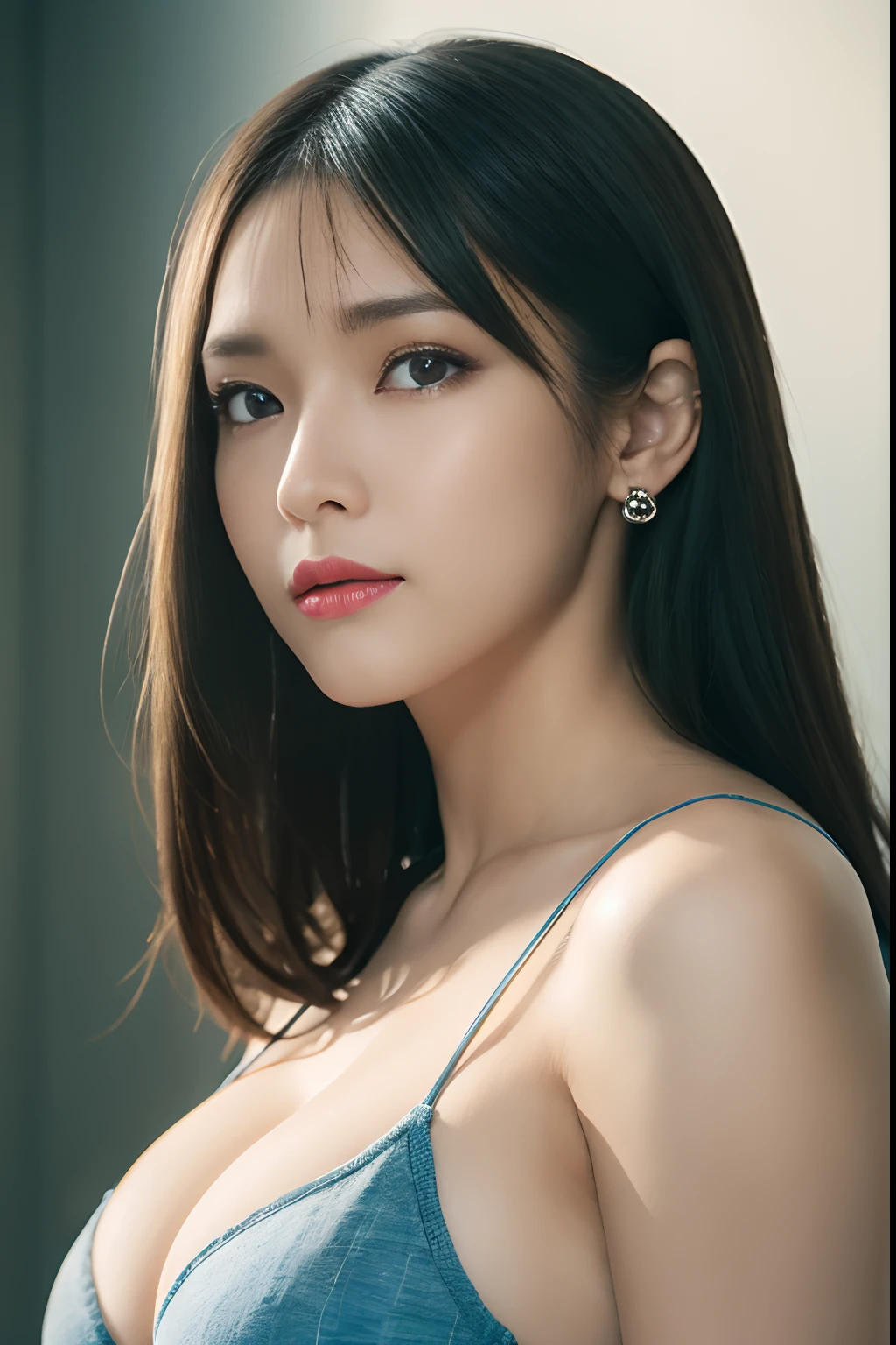 High quality, Shiny skin, (masutepiece:1.4), (8K, Photorealsitic, Raw photo, Best Quality: 1.4), japanes, (1girll), Beautiful face, (Realistic face:1.4), Beautiful hairstyle, Beautiful detailed eyes, (Best Ratio Eyes:1.5), Attractive, hight resolution, Ultra photo realsisim, Highly detailed, Optimal ratio, (Detailed face:1.4), view the viewer, red lipsticks, (Best Ratio Fingers:1.5), (Realistic blue eyes:1.2), ((High Proportion Realistic Breasts, Realistic medium breasts):1.4), (Closed mouth:1.5), Slender body, (with whole body visible:1.5), Portrait, Photography, Detailed skin, Realistic, Photorealsitic, Highly detailed, full length frame, High Detail RAW Color Art, Piercing, diffused soft lighting, Shallow depth of field, foco nítido, Cinematic lighting