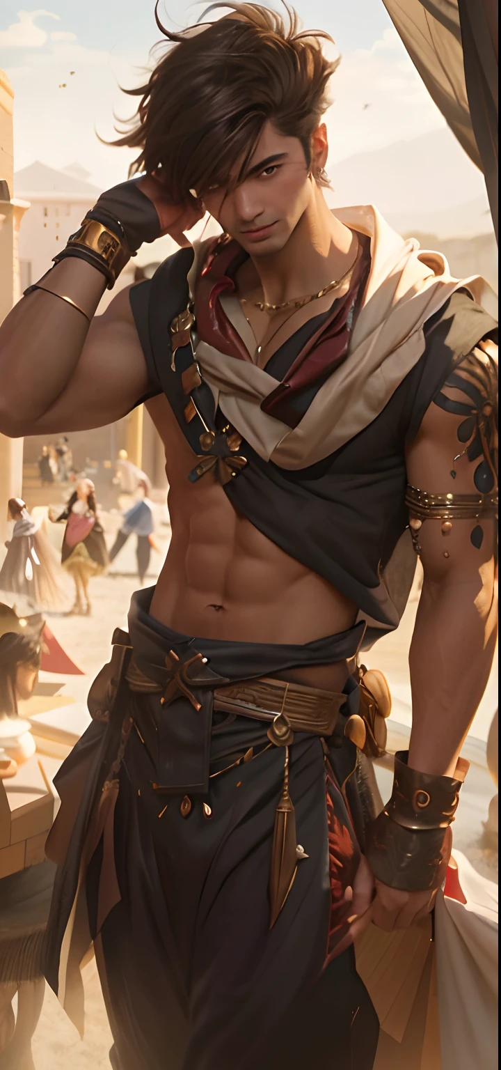 Masterpiece, best quality, hyper realsitic, a close up of a man in a costume with a sword, handsome prince of persia, artwork in the style of guweiz, handsome guy in demon slayer art, ross tran style, ross tran 8 k, style of raymond swanland, skinny male fantasy alchemist, portrait of bedouin d&d, djinn human hybrid, by Aleksander Gine