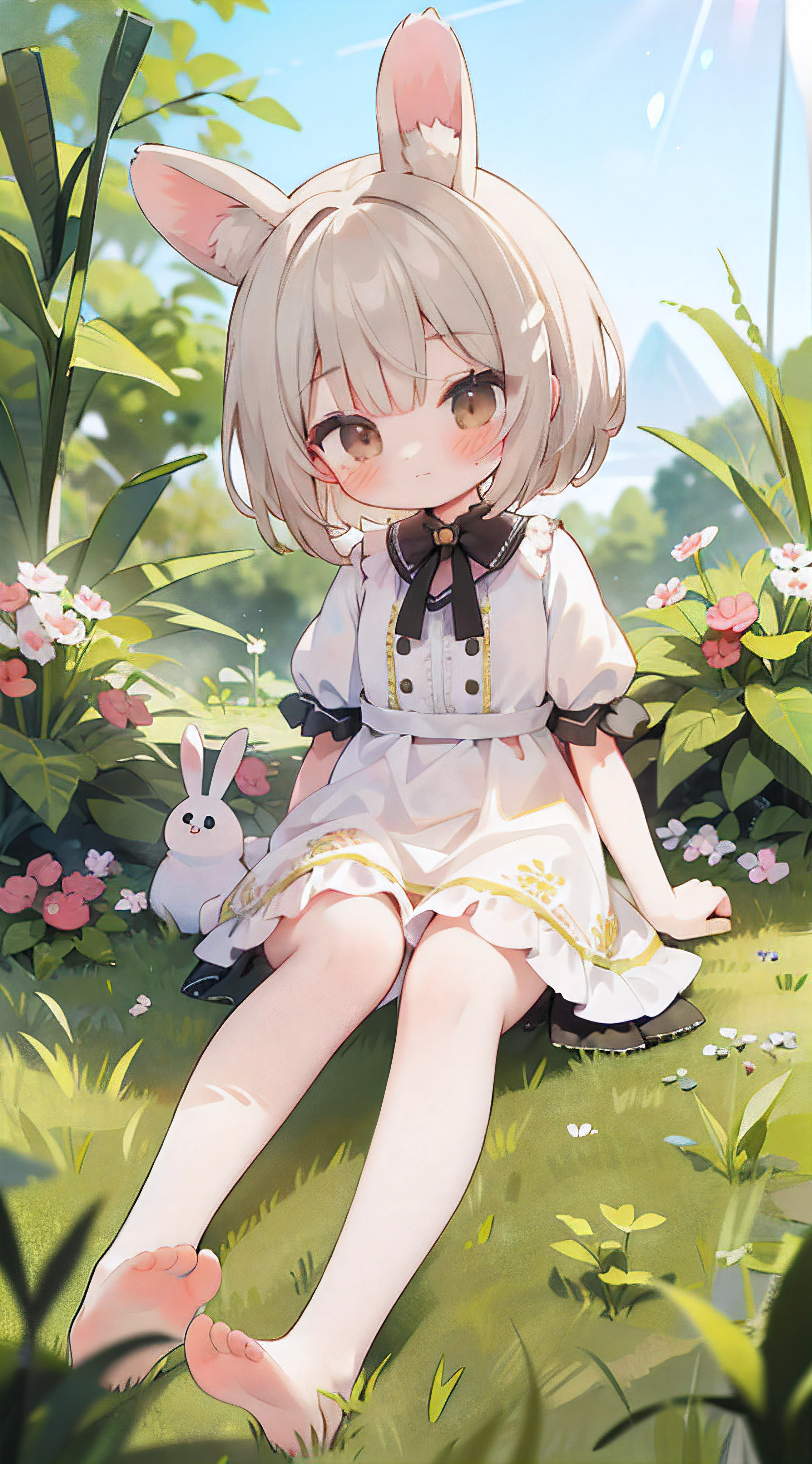 ((masterpiece, best quality)),1girl, solo, animal ears, rabbit, barefoot, skirt, sitting, rabbit ears, short sleeves, (teasing, shy, blushing: 1.3), looking at the audience, grass, short hair, gray hair, puff sleeves, outdoors, fluffy short sleeves, bangs, on the ground, full body, animal, white dress, sunlight, brown eyes, mottled sunlight, daytime,