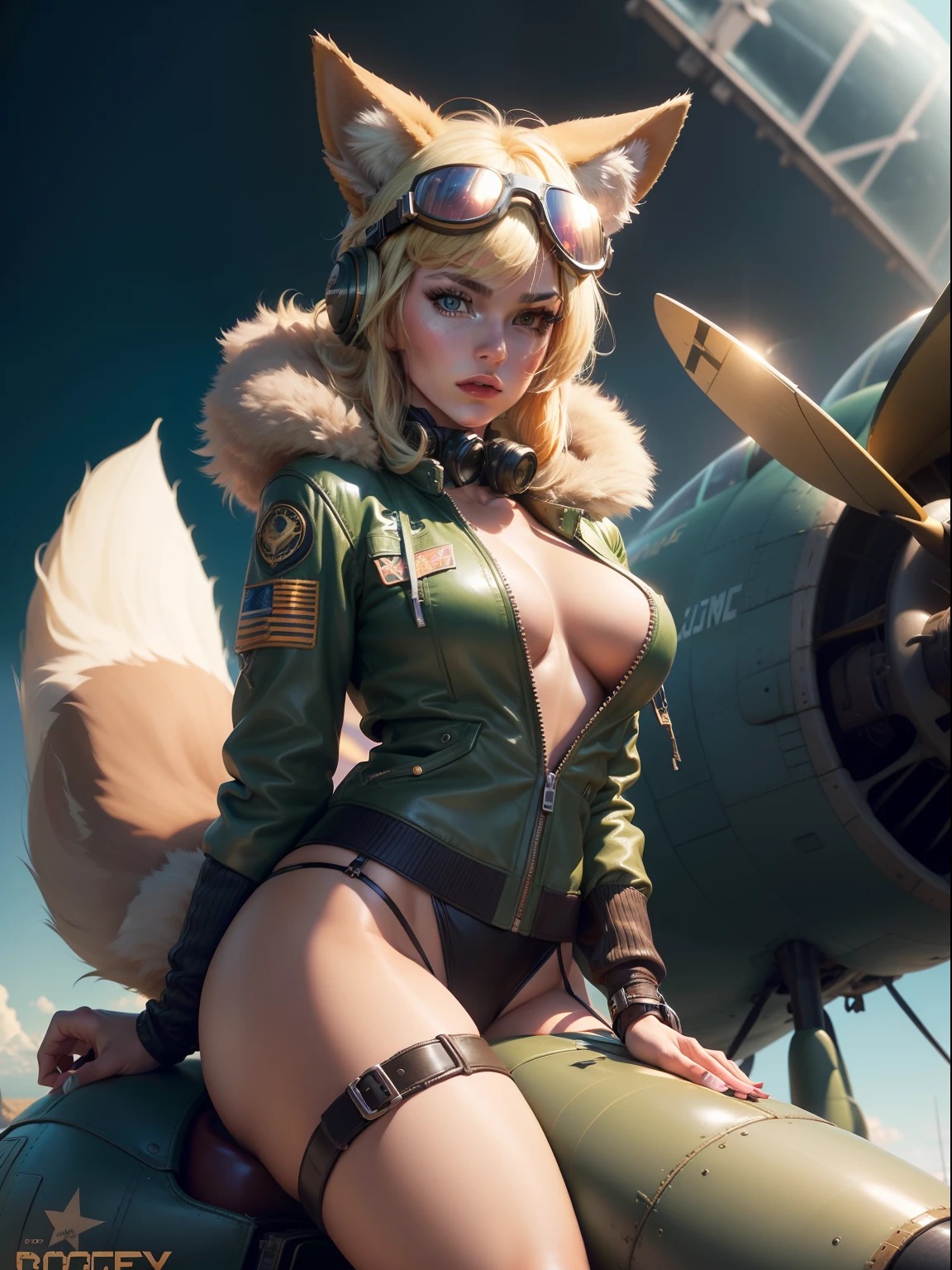 a funny retrowave ((coyote female)), (pure beauty), ((pretty detailed face)), ((she is the center of the image)), (riding a bomb), wearing a world war 2 pilot jacket (leather), green (pilot suit) with zipper, and (pilot goggles), ((thight clothes))david clark headset (green), y, slim body, ((blonde hair)), neon ligthning, full body picture, full head picture, 80s atmosphere, fur, (fur ears), fur tail, retro arcade game vibes, (looking at camera), 8k, ((high resolution)), very detailed, ultra hd, nose art pin up, ((over a background with an old airplane))